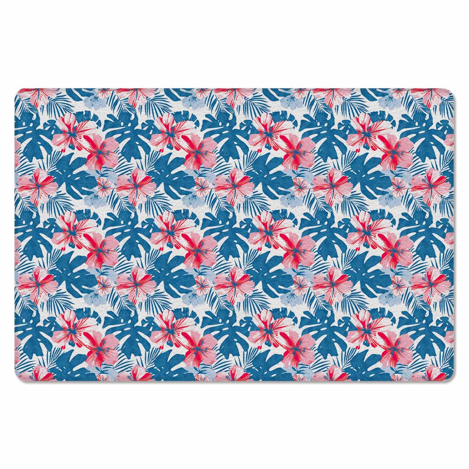 Tropical Floral Antifatigue Kitchen Bath Door Mat Cushioned Runner Rug,Washable Welcome Floor Sink Mat,Waterproof & Non-Slip Kitchen Standing Doormat,Blue Palm Leaves Red Countryside Flower 18