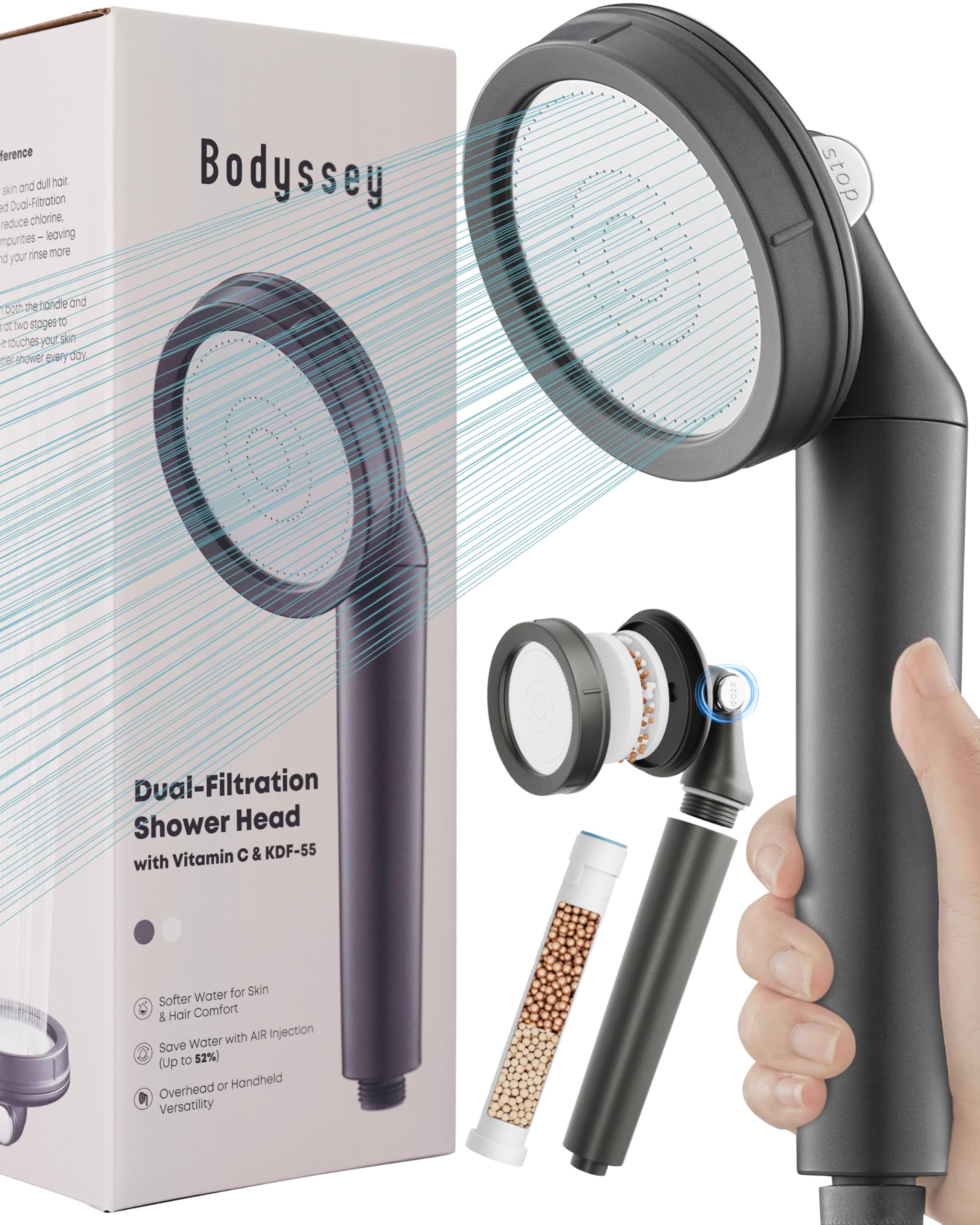 Bodyssey Dark Grey Filtered Shower Head For Hard Water Uk – High Pressure Handheld Shower Head With Vitamin C & Kdf Filter, Limescale Reduction For Softer Skin & Hair (Dark Grey)