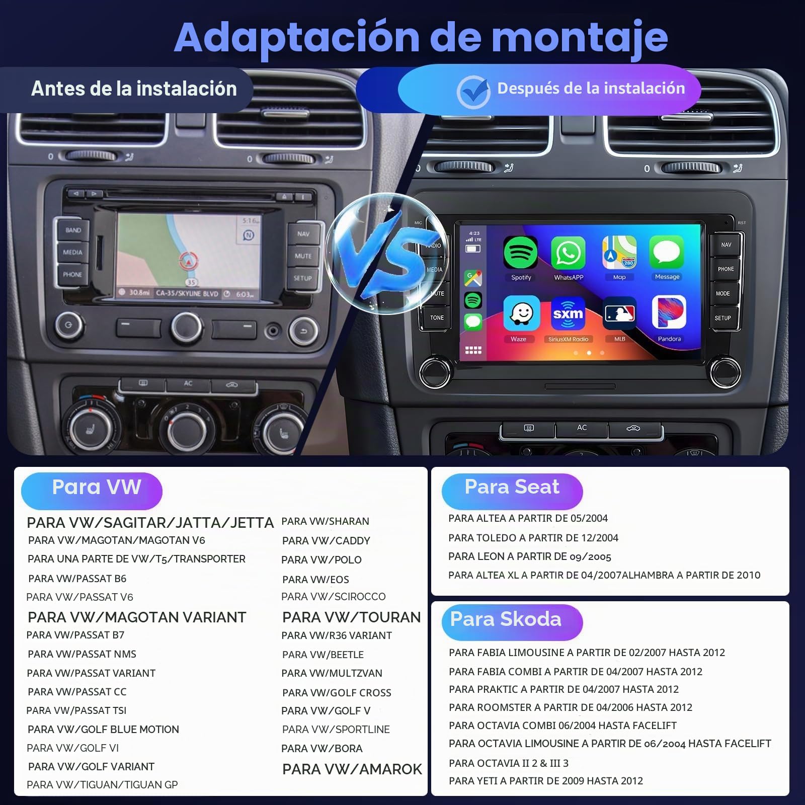 4G y 64G 7" Radio de Coche Bluetooth para VW Golf 5 6 Polo Passat Skoda Touran Seat Inalámbrico Carplay Android Auto, WiFi GPS Navi HiFi RDS/FM Radio 2 DIN con cámara de Marcha atrás AHD/DVR/Canbus