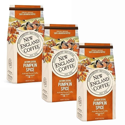 New England Coffee Pumpkin Spice Café molido tostado medio, bolsa de 11 onzas (paquete de 3)