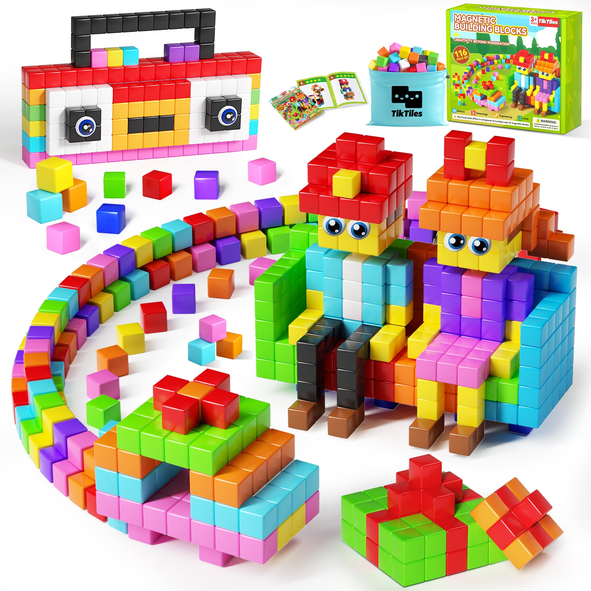 Photo 1 of 116PCS Magnetic Blocks with Magnet Eyes Toy, Magnetic Building Blocks with Storage Bag for Kids Gifts, STEM Preschool Sensory Magnetic Cubes for Toodlers Boys Girls Ages 3 4 5 6 7 8, Bright Color