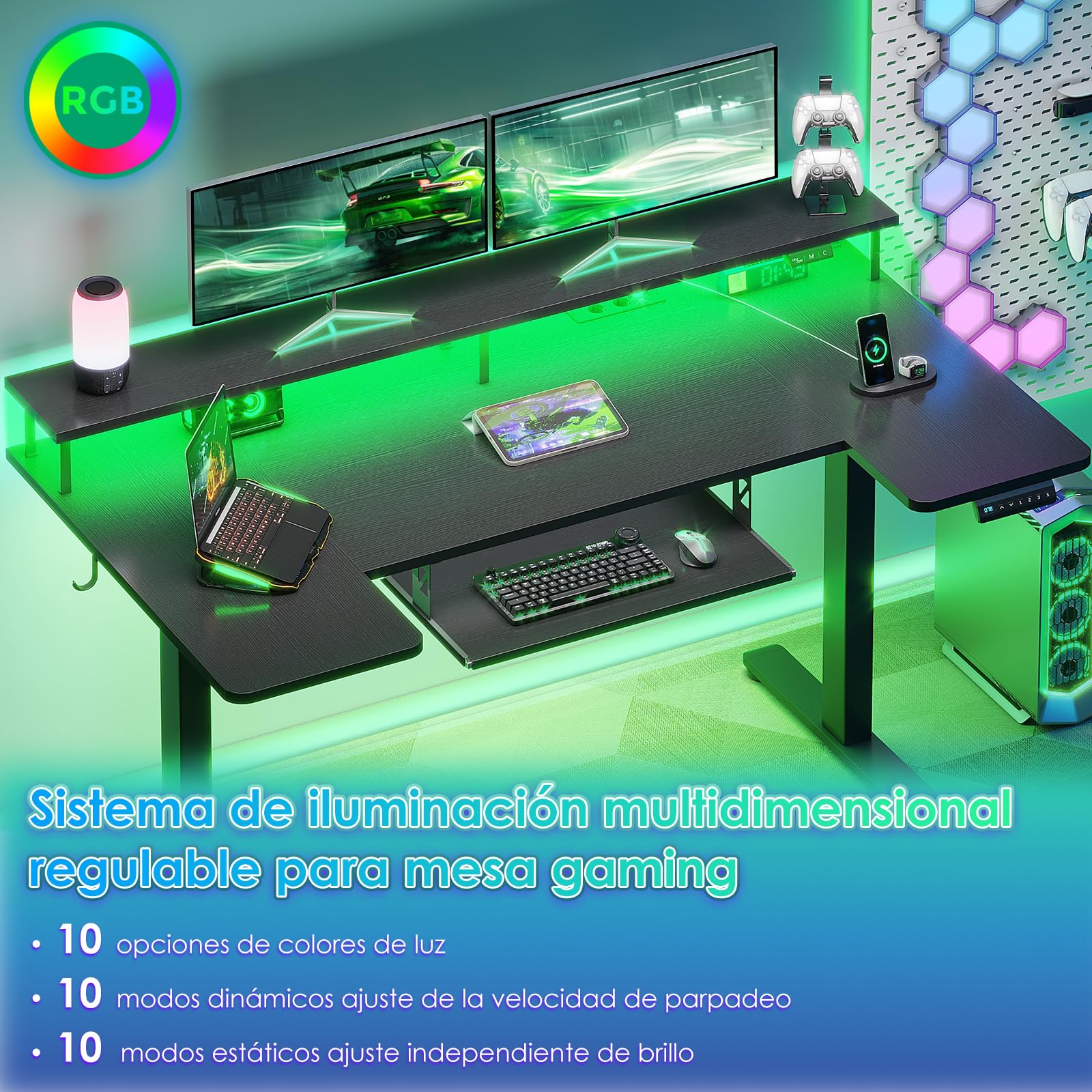 OffiGo Escritorio Gaming Regulable en Altura con LED 140×74 cm, Negro | Cubierta forma en U, USB y enchufes integrados, Mesa gaming con 4 memorias, Escritorio gaming con iluminación LED