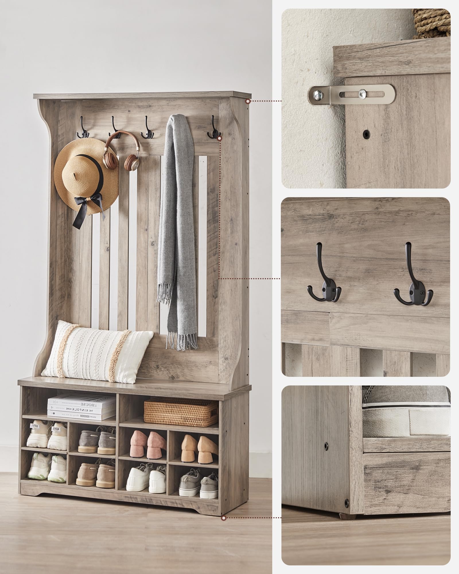 VASAGLE Meuble d’Entrée, Porte-Manteau avec Banc à Chaussures, Vestiaire, Rangement pour Chaussures, 5 Crochets Triples, Gain de Place, pour Entrée, Couloir, Étagères Réglables, Grège Chiné HSR404T02