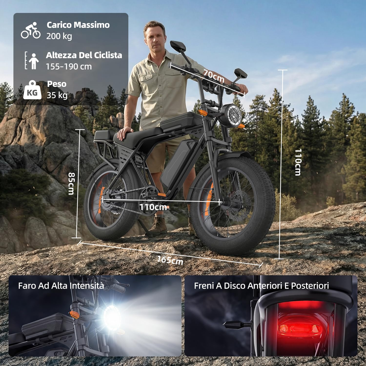 X5 Bicicletta elettrica per adulti, 20 x 4 Fat Tyre Mountain bike con autonomia di 80 km e batteria removibile 48 V 15 Ah, motore 250 W, 25 km/h, bicicletta elettrica da fuoristrada con borsa