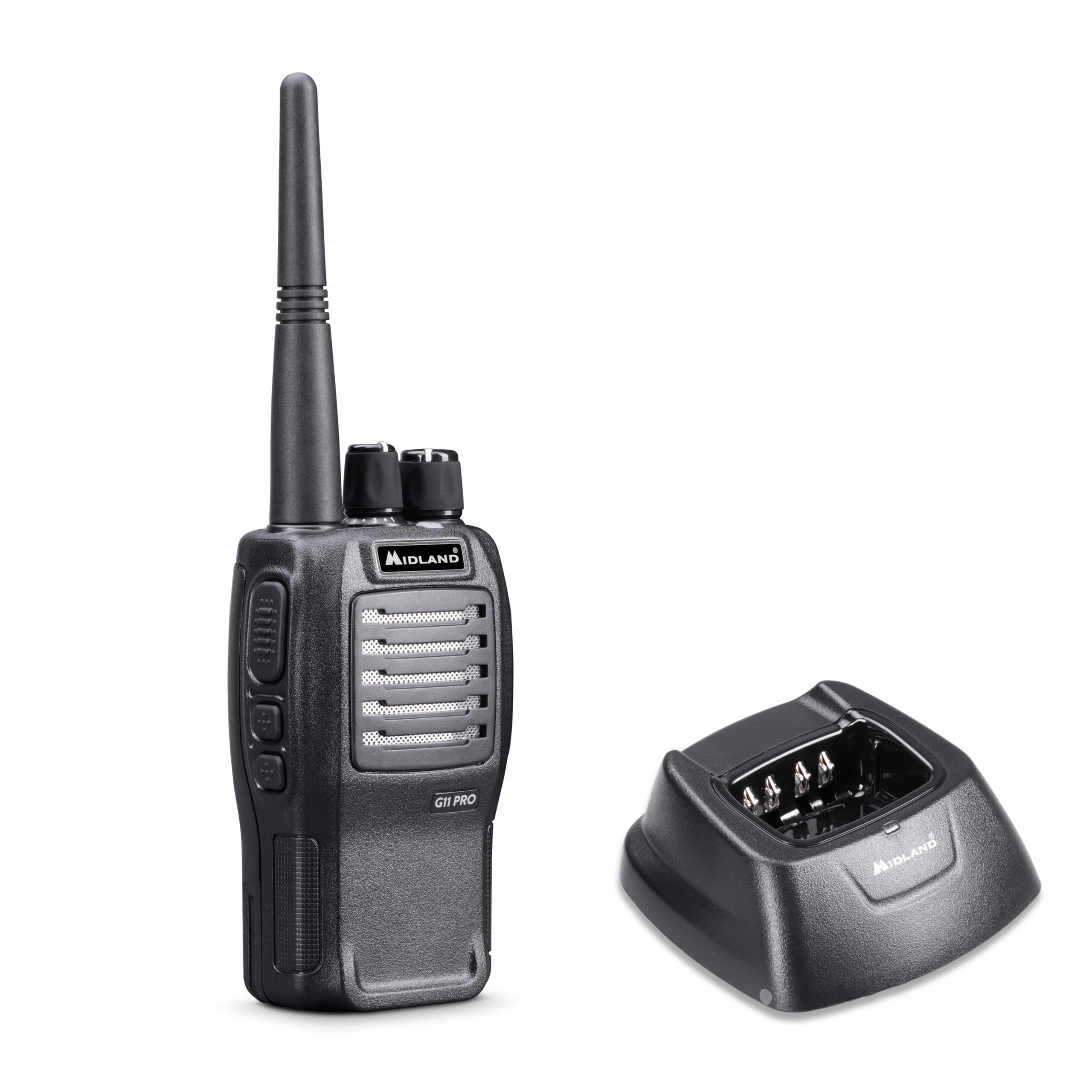 Midland- Walkie Talkie Profesional Largo Alcance G11 Pro, Radioaficionado 32 Canales PMR446, Batería Li-​Ion 1600mAh Pilas Recargables y Accesorios, Autonomía 22H, Cobertura 12Km, VOX, 2 Pines Kenwood