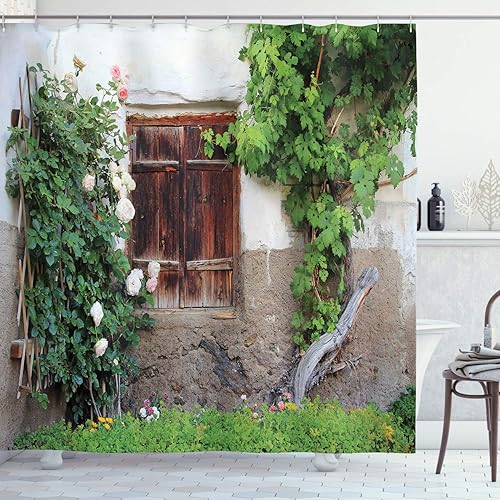 Ambesonne Cortina de ducha con persianas, ventanas antiguas con persianas de madera, rosas y vino de casa de campo, juego de decoración de baño de