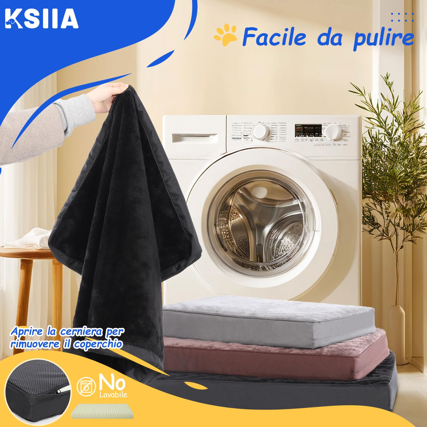 KSIIA Cuscino per Cani Taglia Grande e Media, Sfoderabile e Lavabile, Ortopedico Lettino per Cani, Base Antiscivolo, Lavabile in Lavatrice, Materassino Cane, Nero 105x70x8cm