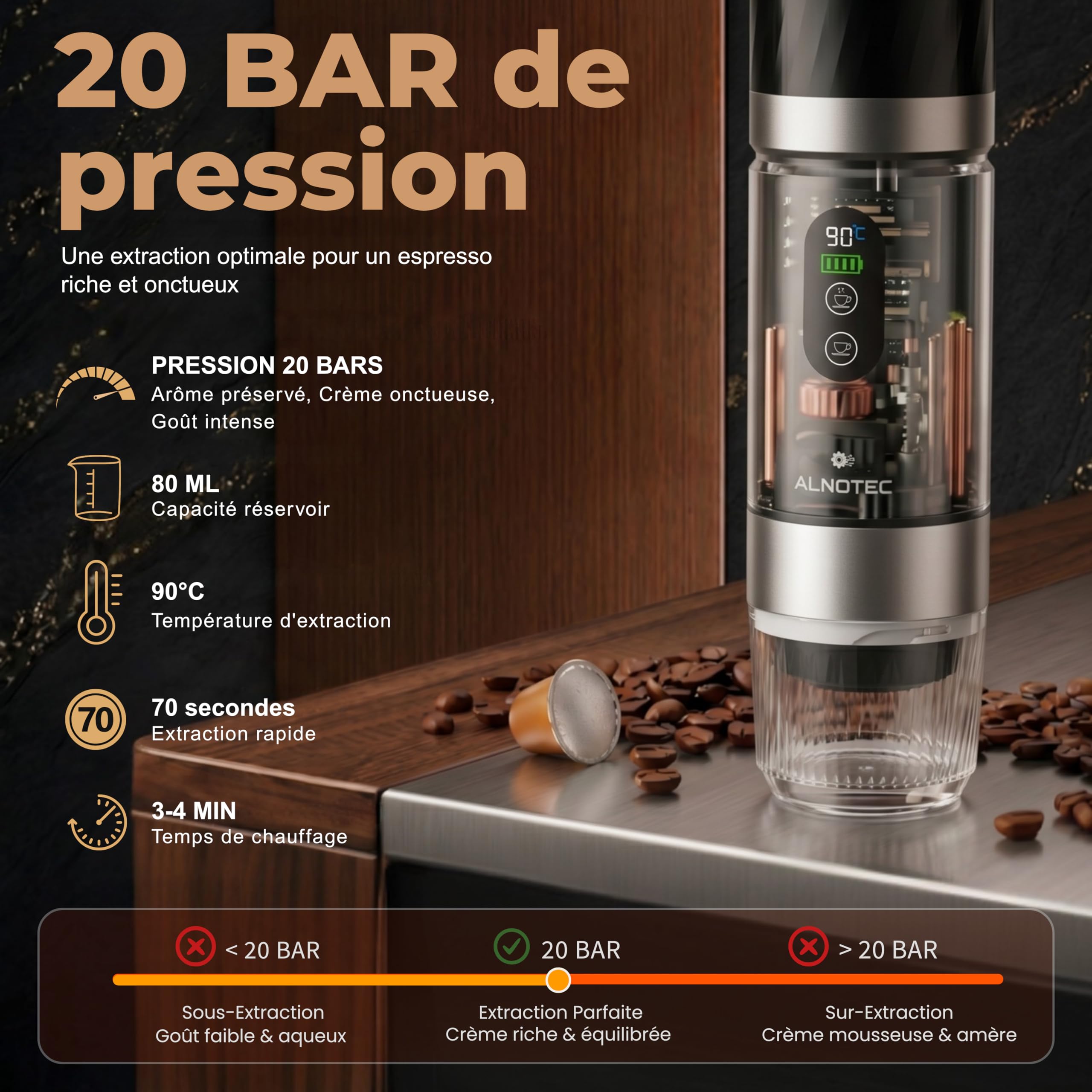Cafetera portátil (20 barras, recargable), 2 baterías extraíbles incluidas, cafetera portátil, autoclave, compatible con cápsulas NES, DG y café molido, incluye funda de transporte.