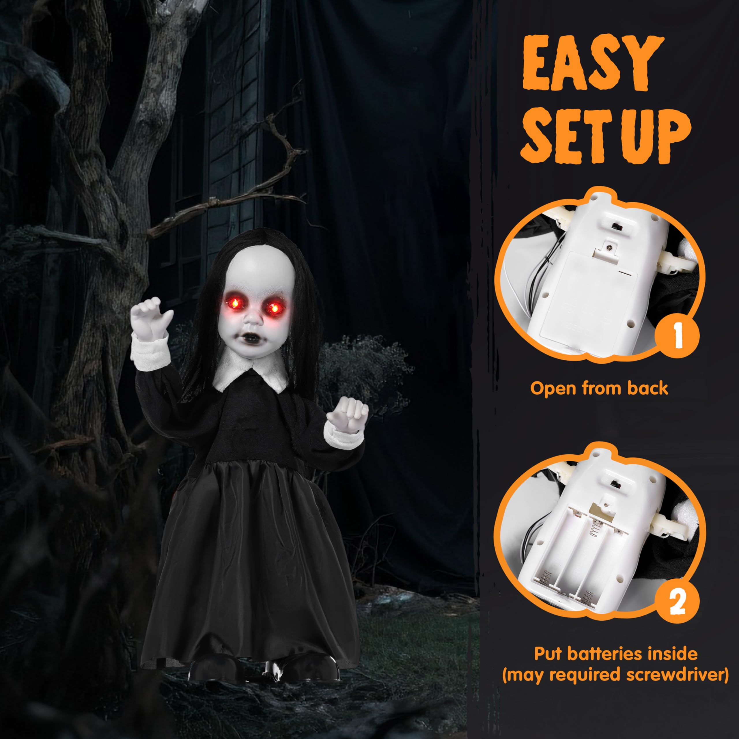 JOYIN Décorations d'Halloween effrayantes en plein air, 86,4 cm, zombie fille, fantôme, animatronique, décoration animatronique avec capteur activé par le son, yeux LED lumineux pour jardin, pelouse