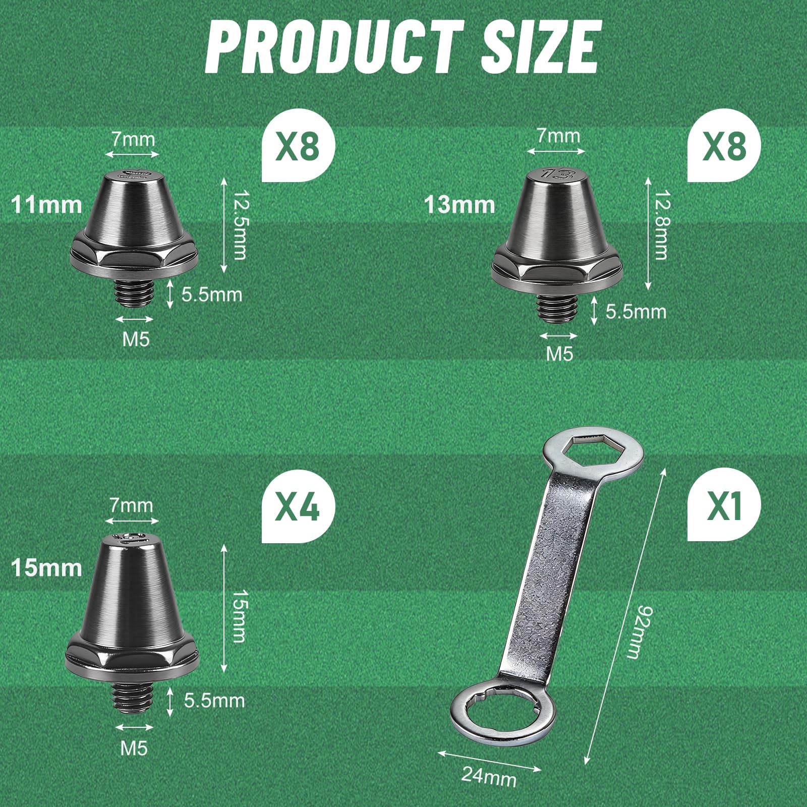 Crampons de Rechange pour Chaussure de Foot 11mm/13mm/15mm, M5 avec Clé d'Aluminium