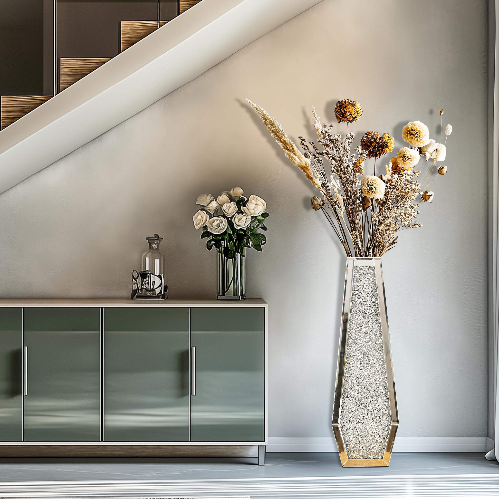Vaso Vetro Diamanti Alto 70cm: Vaso Decorativo da interno Grande a Specchio fiori Cristallo Argento Stretto e Lungo da Terra Moderno Design Decorazione casa