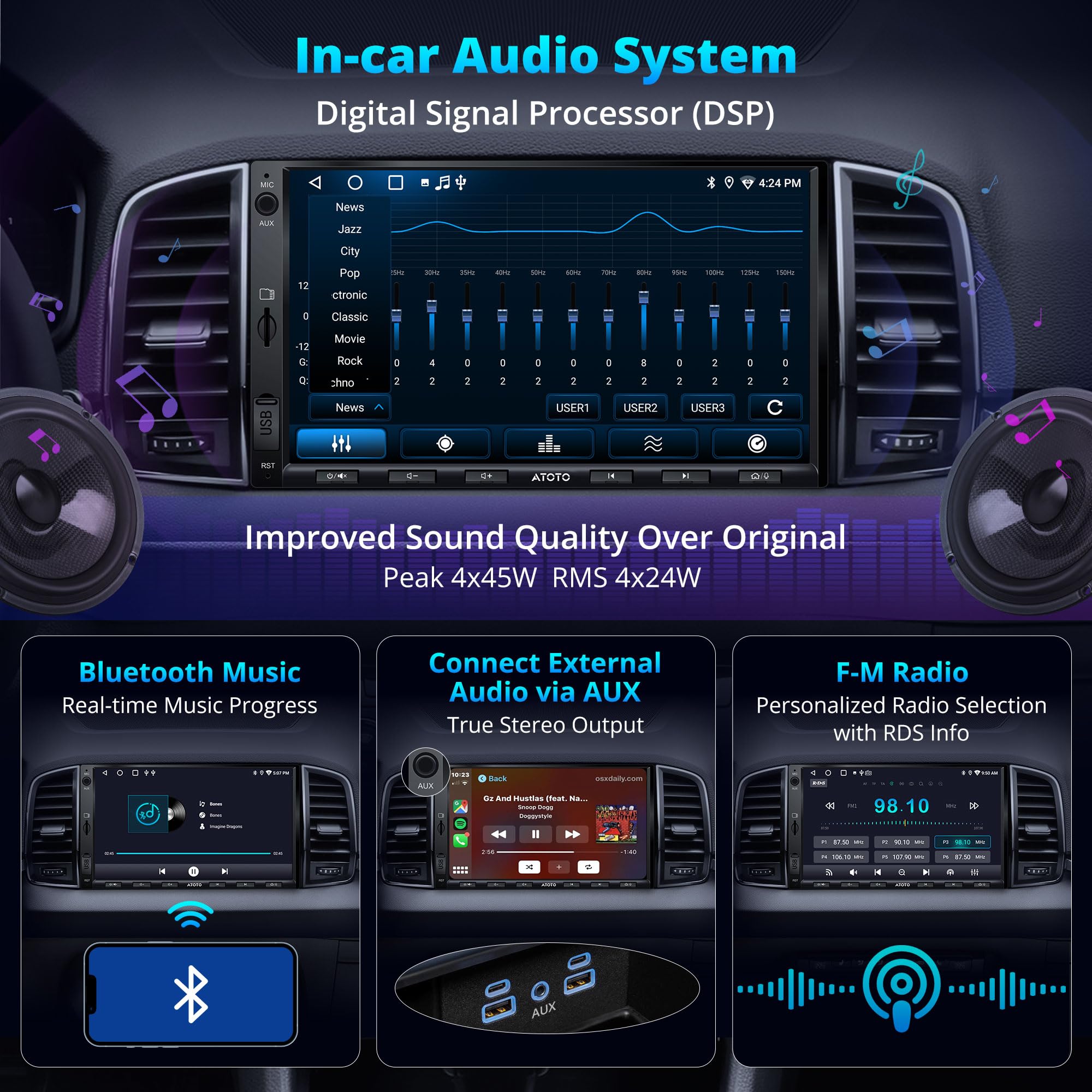 A5L Autoradio 2 DIN Android - 7 Pollici Wireless CarPlay e Senza fili Android Auto Autoradio con Telecamera frontale DVR 1080P, 2+32G, EQ a 24 bande, Tethering de WiFi/BT/USB, FM/RDS