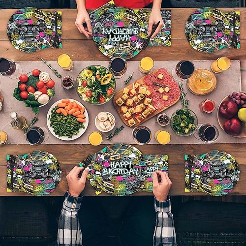 Miniatura 6 de Juego de 96 piezas de vajilla de fiesta de cumpleaños de pared de ladrillo de graffiti, hip hop, 80, 90, cumpleaños, platos de papel desechables y