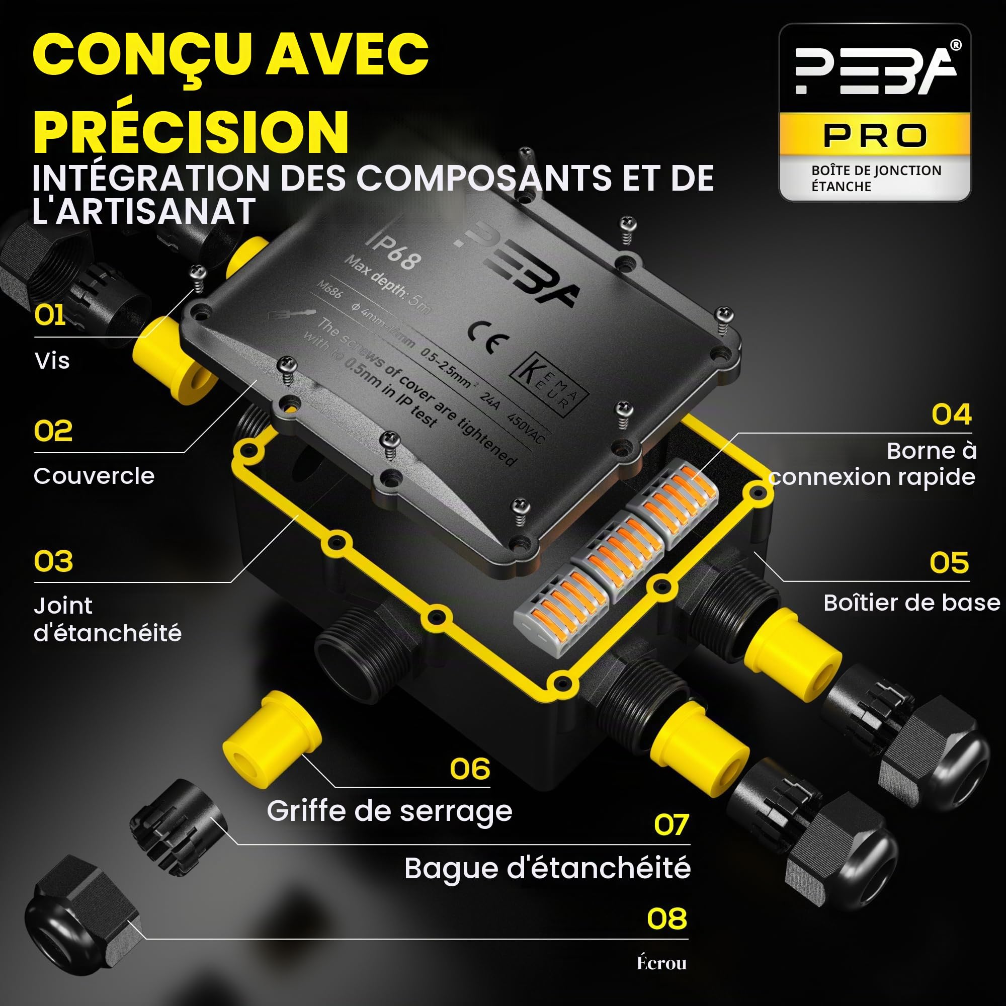 PEBA Boîte dérivation étanche extérieur IP68, Connecteur étanche etanche à 5 Voies pour câble de 4-14 mm de diamètre, Noir