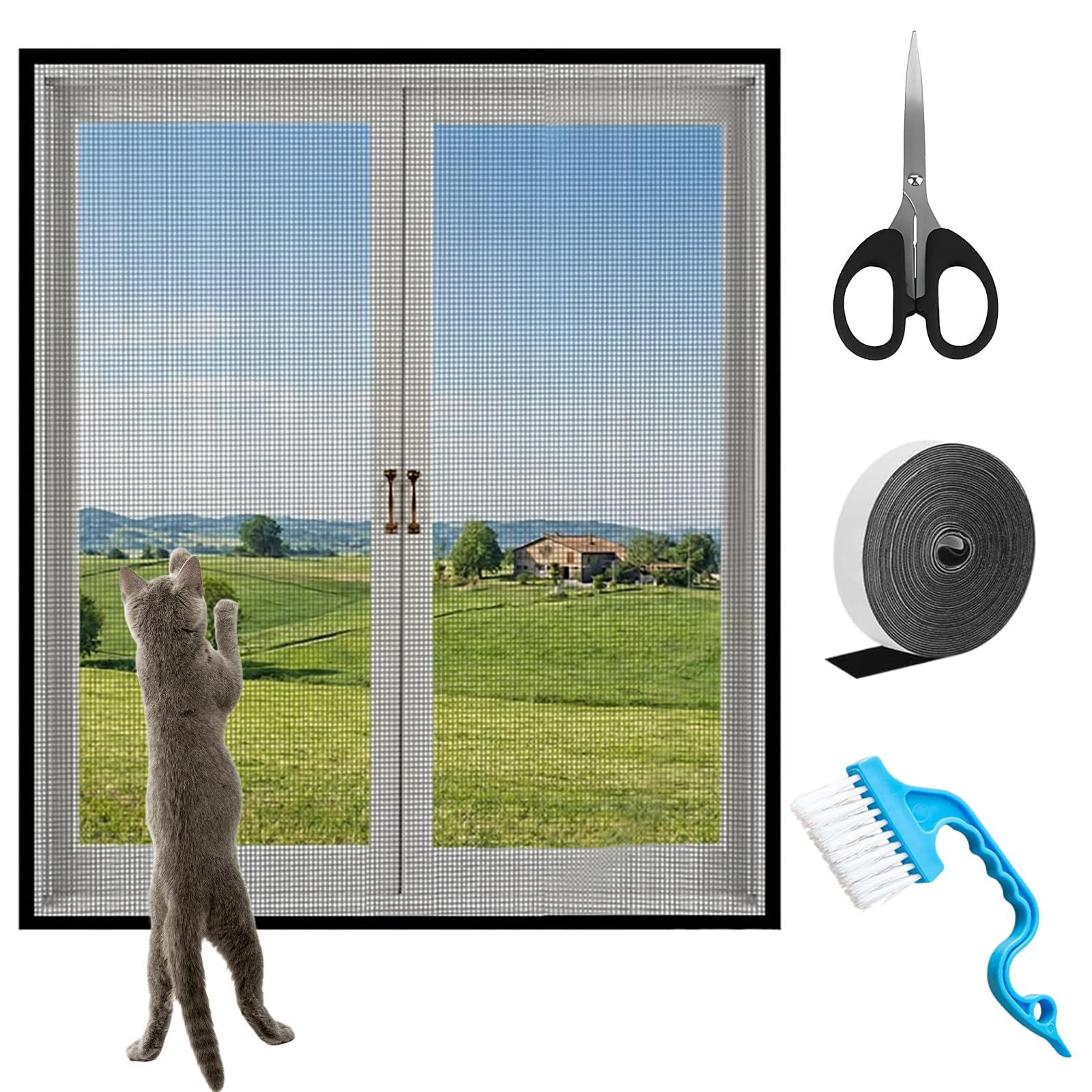 Self-Adhesive Cat Window Guard Screen 100x150cm, Thickened Window Fly Screen, Reinforced Mesh with Brush/Scissors/Hook-and-Loop Tapes