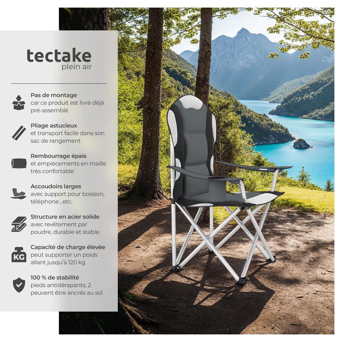 tectake Chaise de Camping Fauteuil Pliable avec Porte-Boisson et Sac de Transport - Rembourrage en Mousse -diverses Couleurs et Tailles au Choix- (Gris (2 pièces)) Ø Cadre: Environ 19 mm