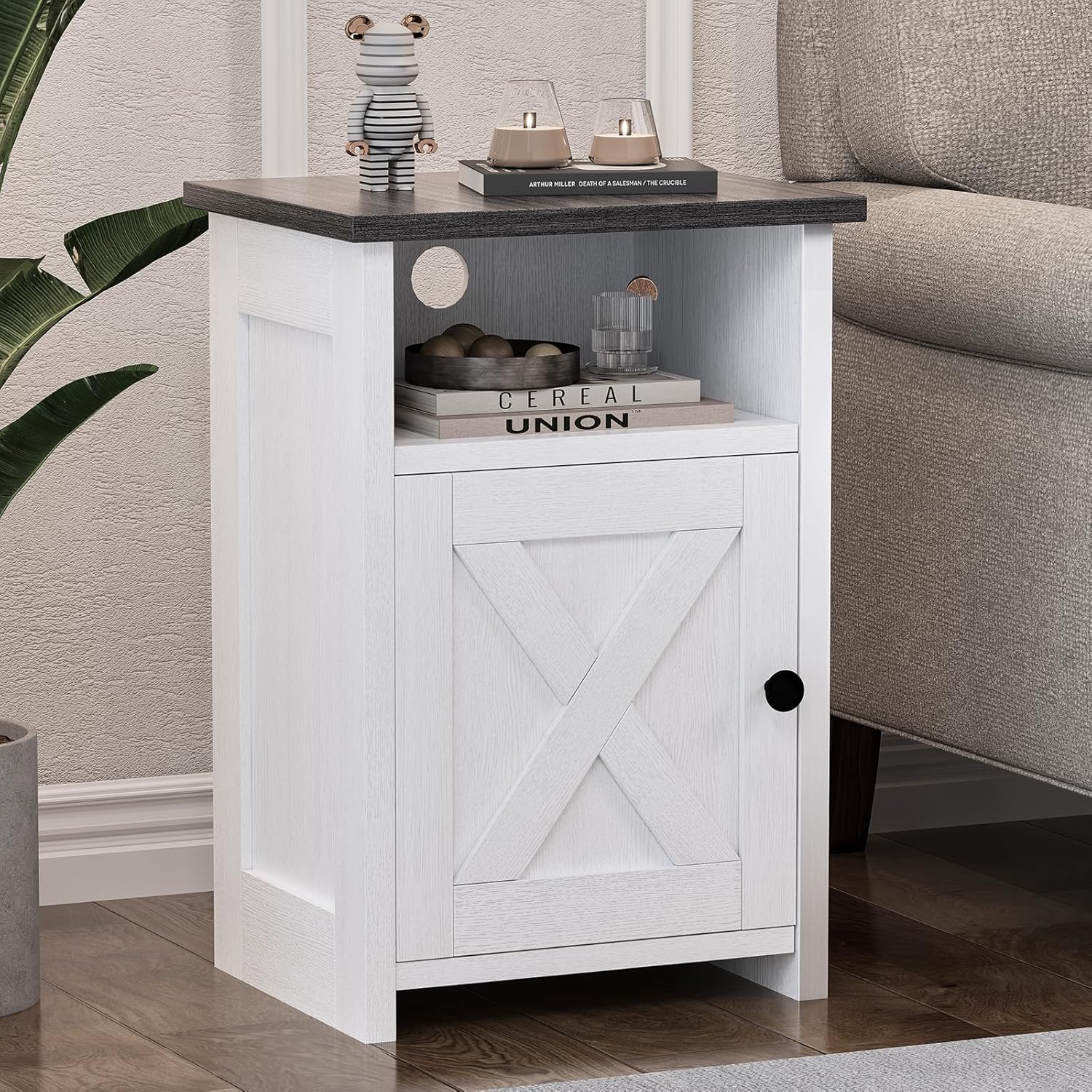 Farmhouse End Table Set of 1, Nightstand with Barn Door and Storage Shelf, Rustic White Bed Side Table for Living Room, Bedroom, Entryway, Office, Small Spaces, White White Set of 1