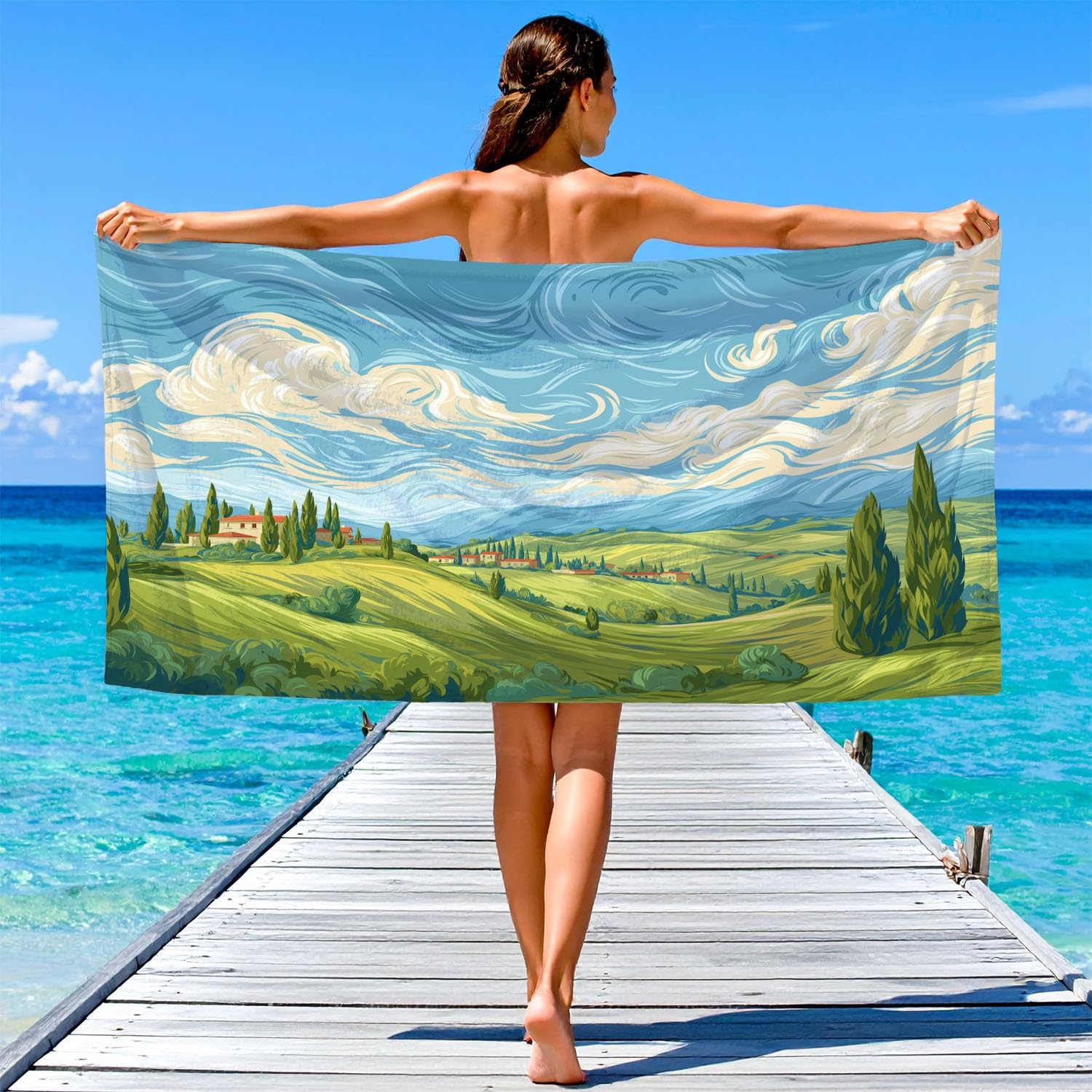 Générique Grande Serviette de Plage 210 x 135 CM,Drap de Plage Microfibre,Couverture de Plage Absorbante Rapide pour Paysage Collines, Cyprès, Ciel