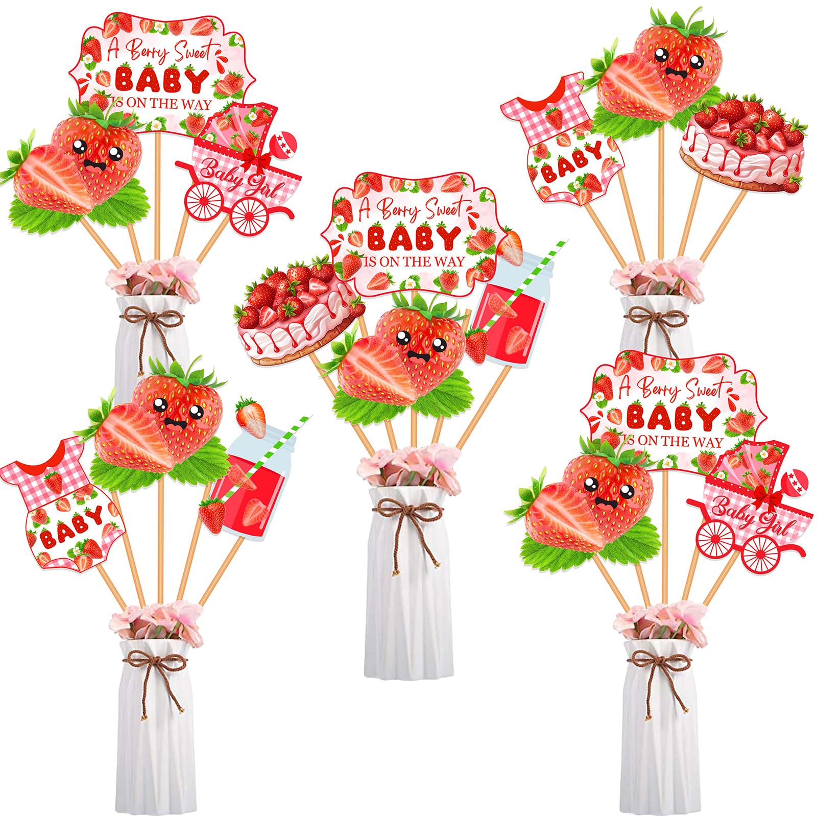 Balterever Strawberry Baby Shower Decorations for Girl 24pcs A Berry Sweet Baby Is on The Way Centerpieces Party Supplies Strawberry Baby Shower Centerpieces Sticks Berry Sweet Summer Fruit Party