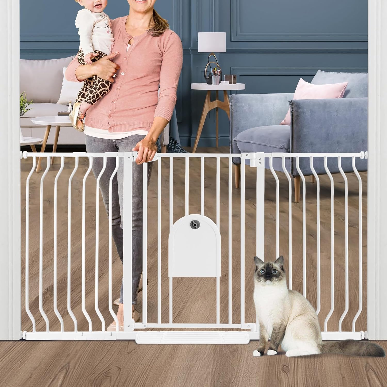 Auto Close 29.5"-62" Safety Metal Dog Extra Wide Pet Gate for Doorway, Stairs, House, Walk Through Child Gate with Pet Door, Includes 4 Wall Cups and 2 Extension Pieces Baby Gate with Door