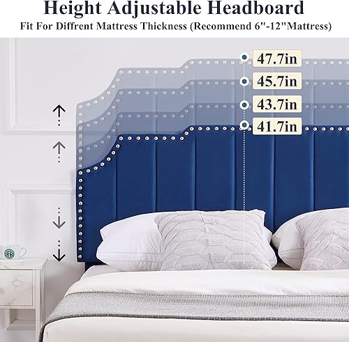 Miniatura 5 de VECELO Base de cama tamaño Queen tapizada con cabecera ajustable copetudabase de colchón con soporte de listones de madera, fácil montaje, azul