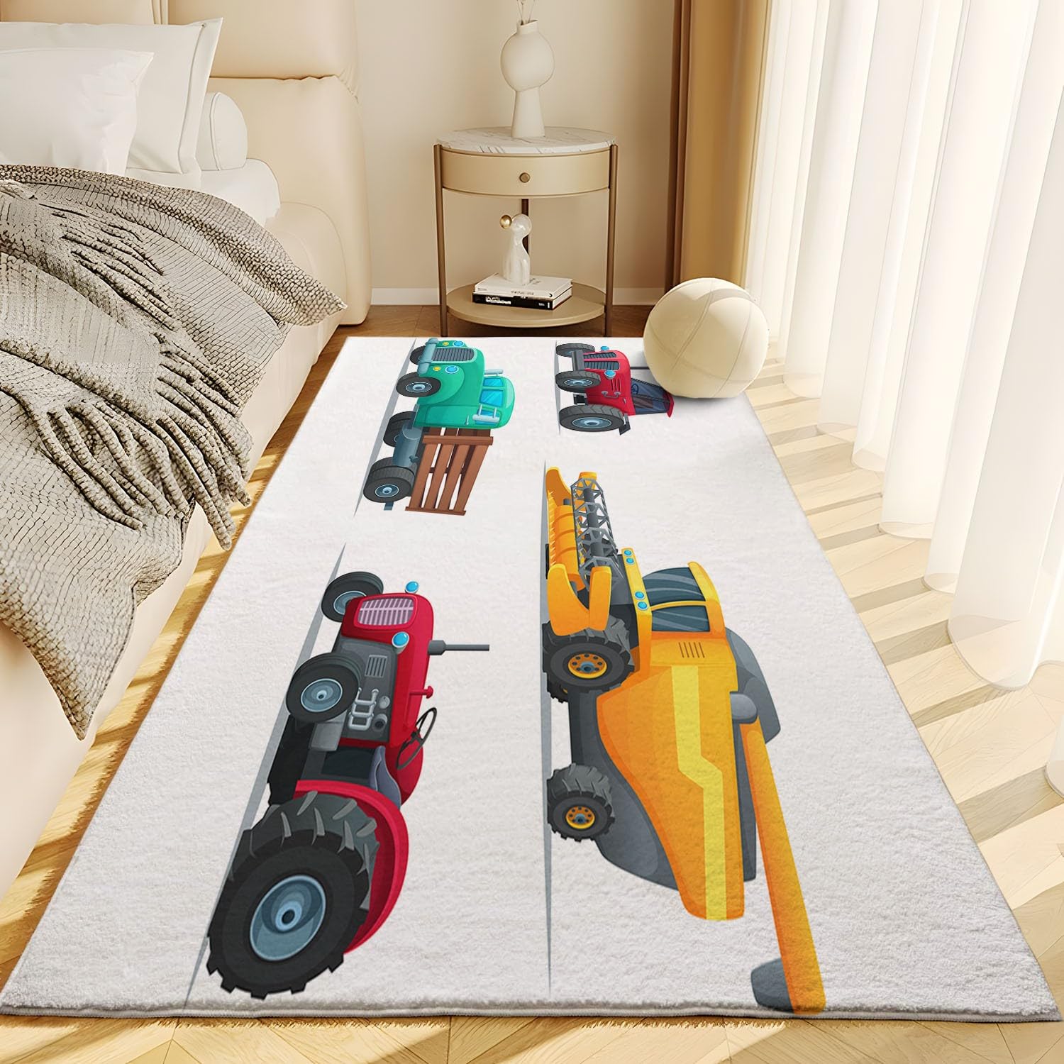 Bianco Tappeto Salotto 80 x 150cm Veicolo da costruzione dei cartoni animati Tappeti Camera da Letto, Rug Cucina Antiscivolo Lavabile per Tavolino da Salotto, Bagno, Tappeto Bambini Cameretta