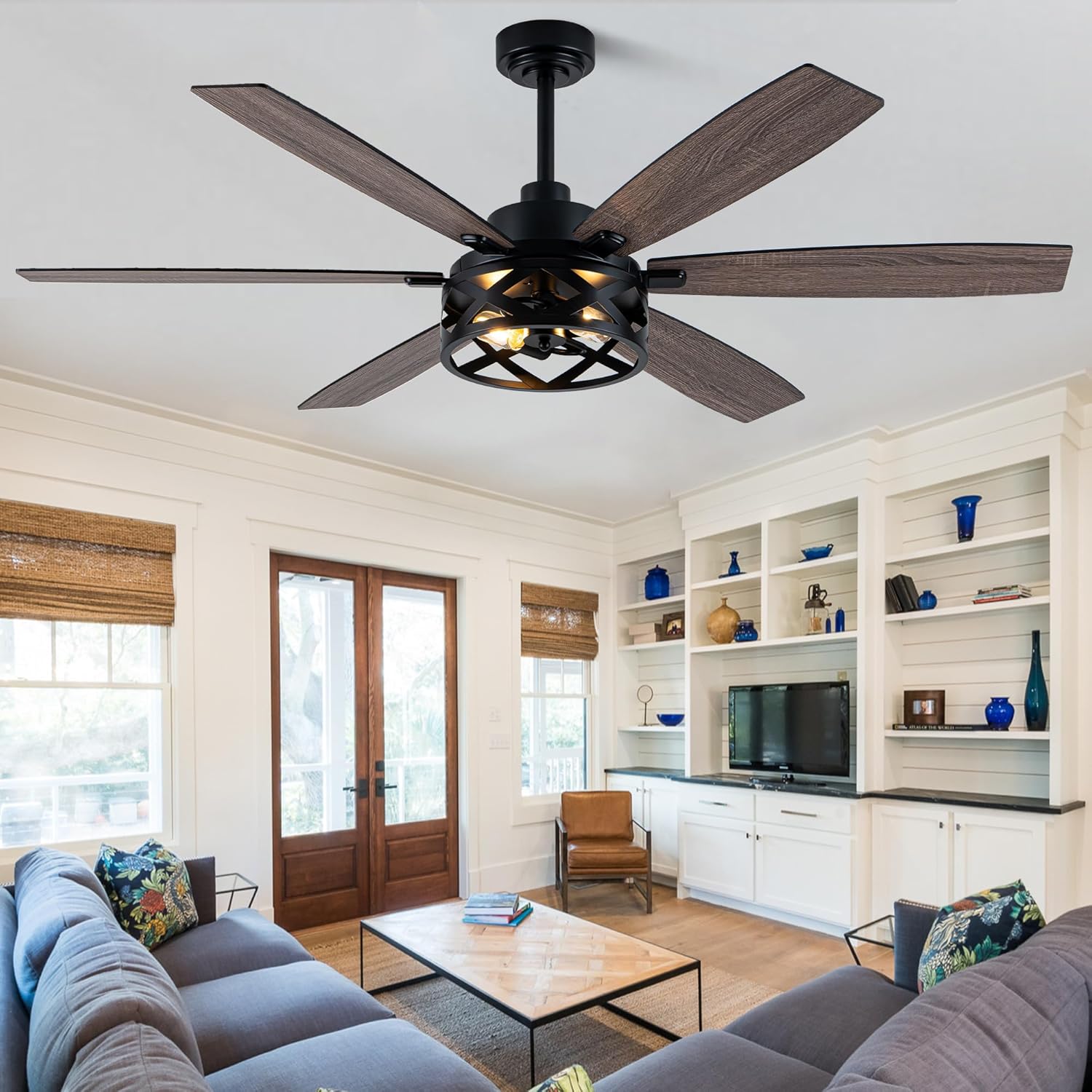 60" Large Ceiling Fan with Lights, Farmhouse Rustic Ceiling Fan with Remote Control,6 Speeds, Reversible DC Motor, 6 Double-Finish Wood Blades,Caged Ceiling Fan for Living Room/Bedroom/Dining Room