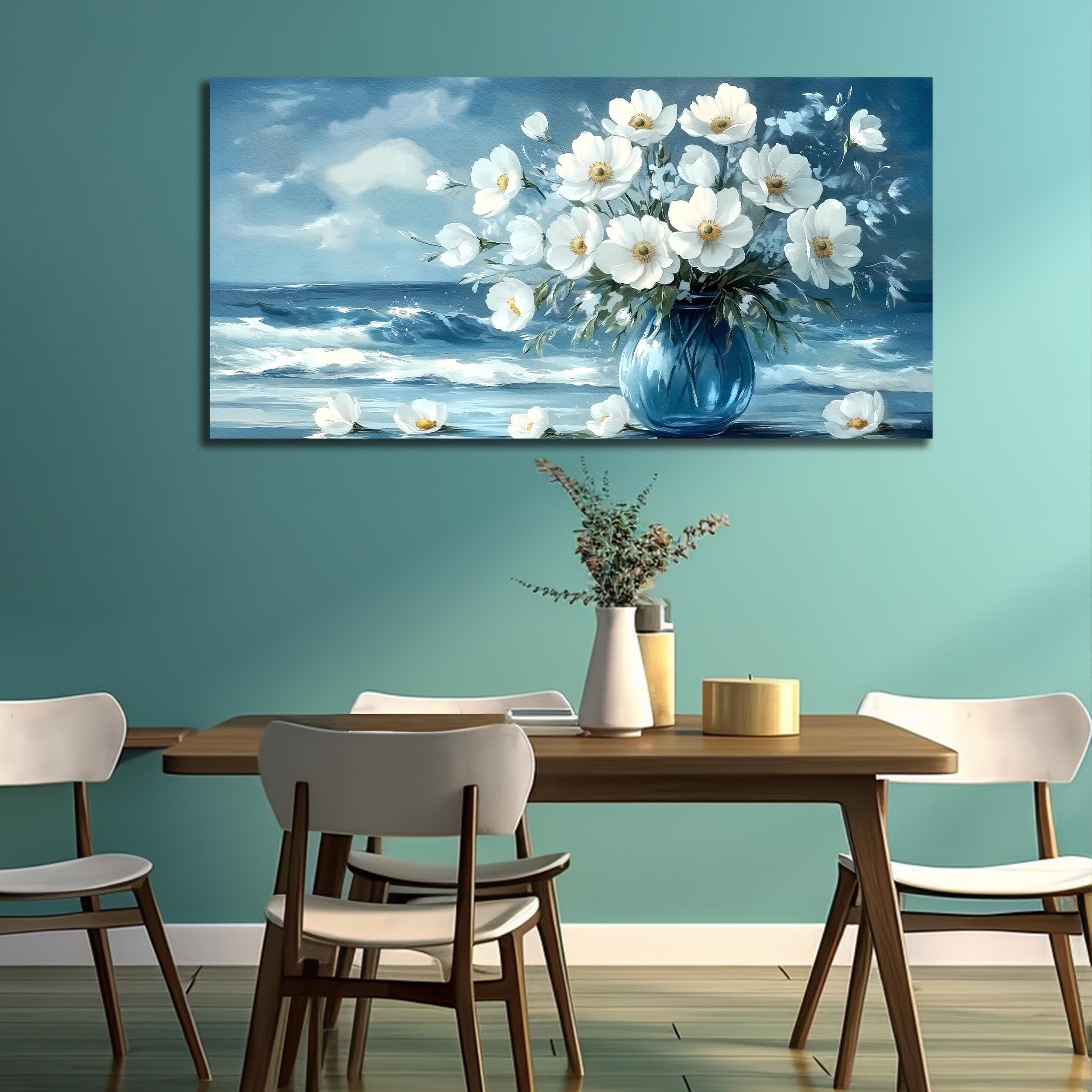 AEFOUU Cuadro floral para sala de estar, lienzo decorativo con motivos oceánicos para dormitorio, lámina decorativa azul y blanca para oficina (30x60cm/marco interno)