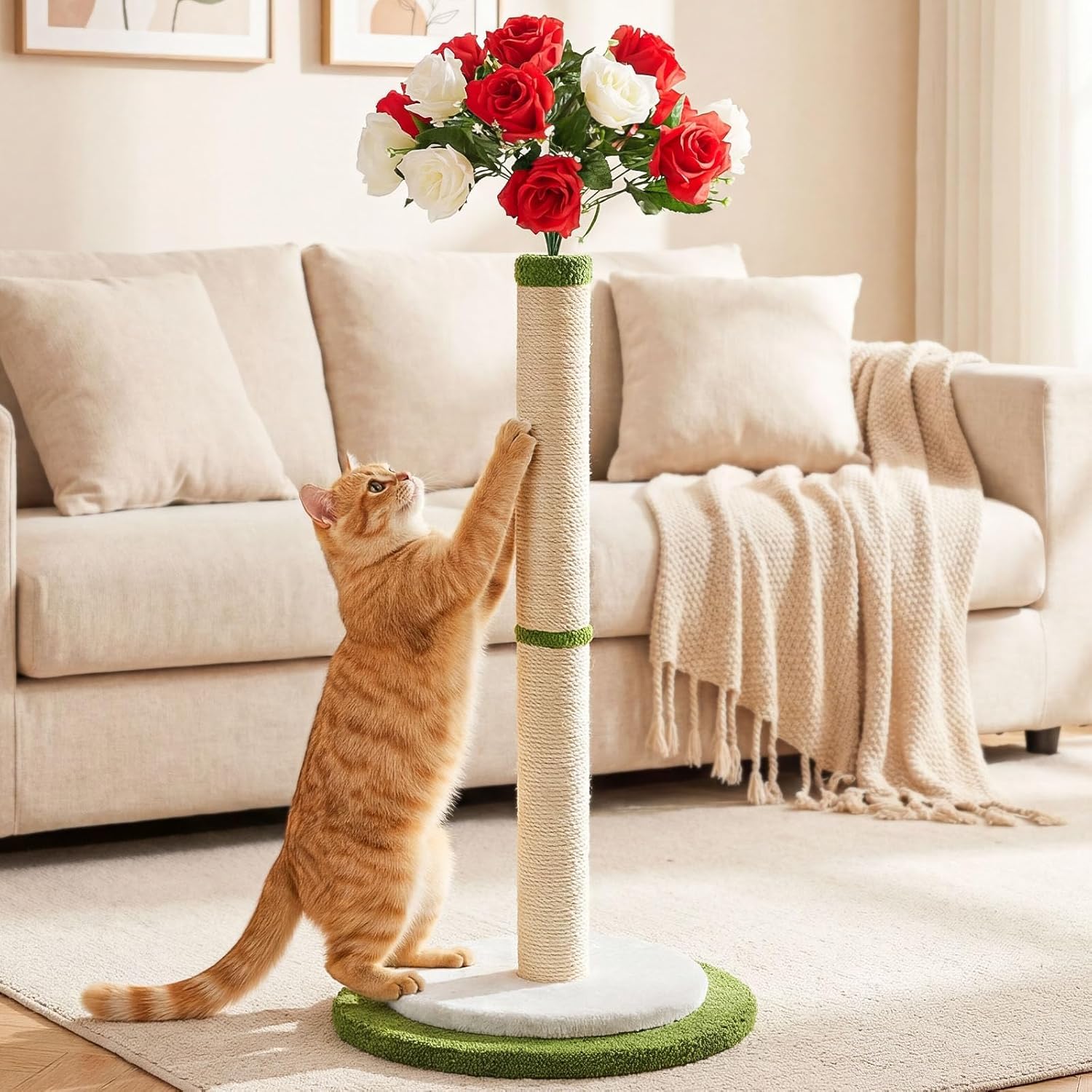 CWV 45" Tall Cat Scratching Post, Cute Rose Flower Scratcher for Indoor Cats & Kittens with Sturdy Base & Natural Sisal Rope