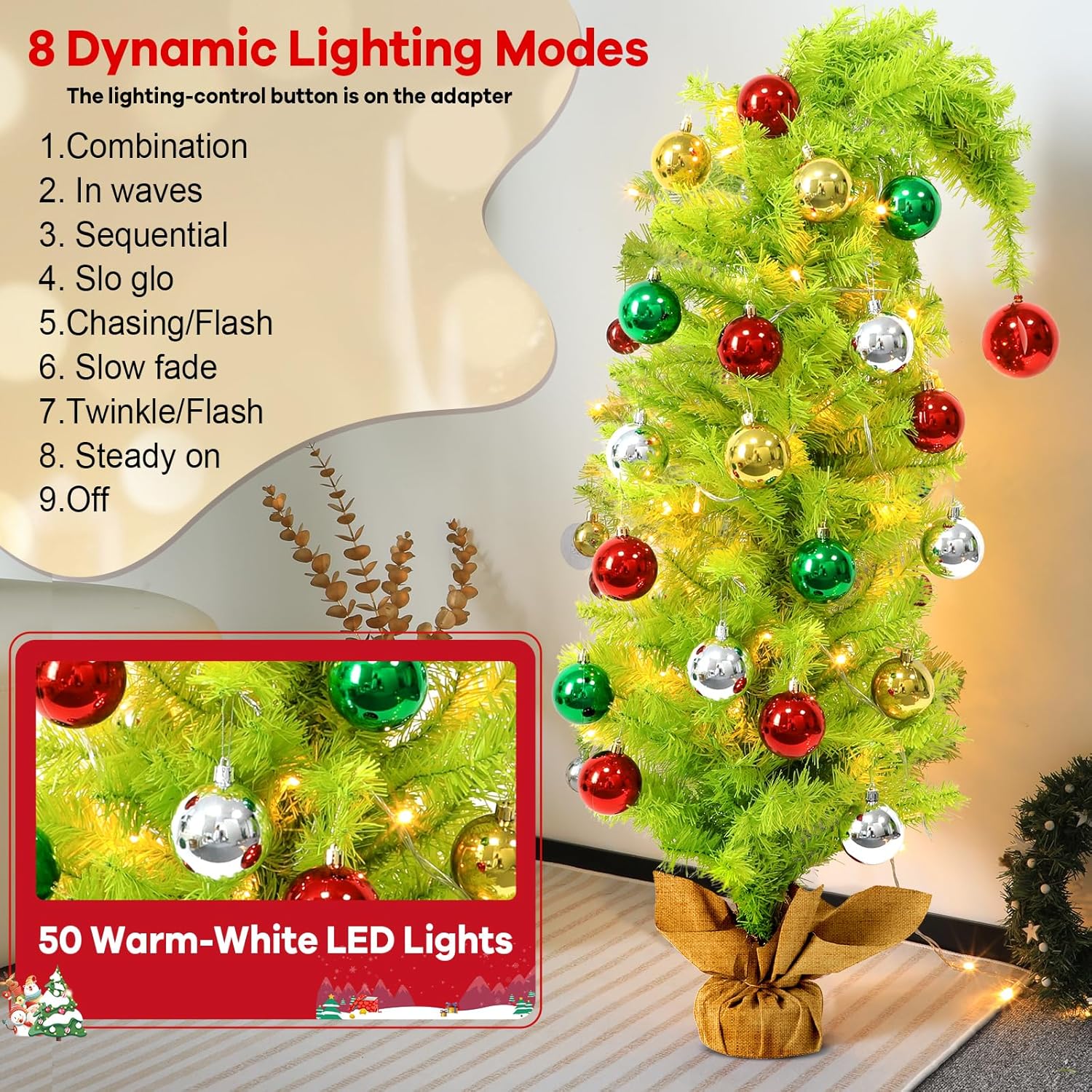 3FT 28PCS Mini Tabletop Artificial Christmas Tree Small Xmas Holiday Whimsical Pre-Lit Green Tree for Indoor Christmas Decor with 50 LED String Lights & 26 Balls Bendable Foldable Portable