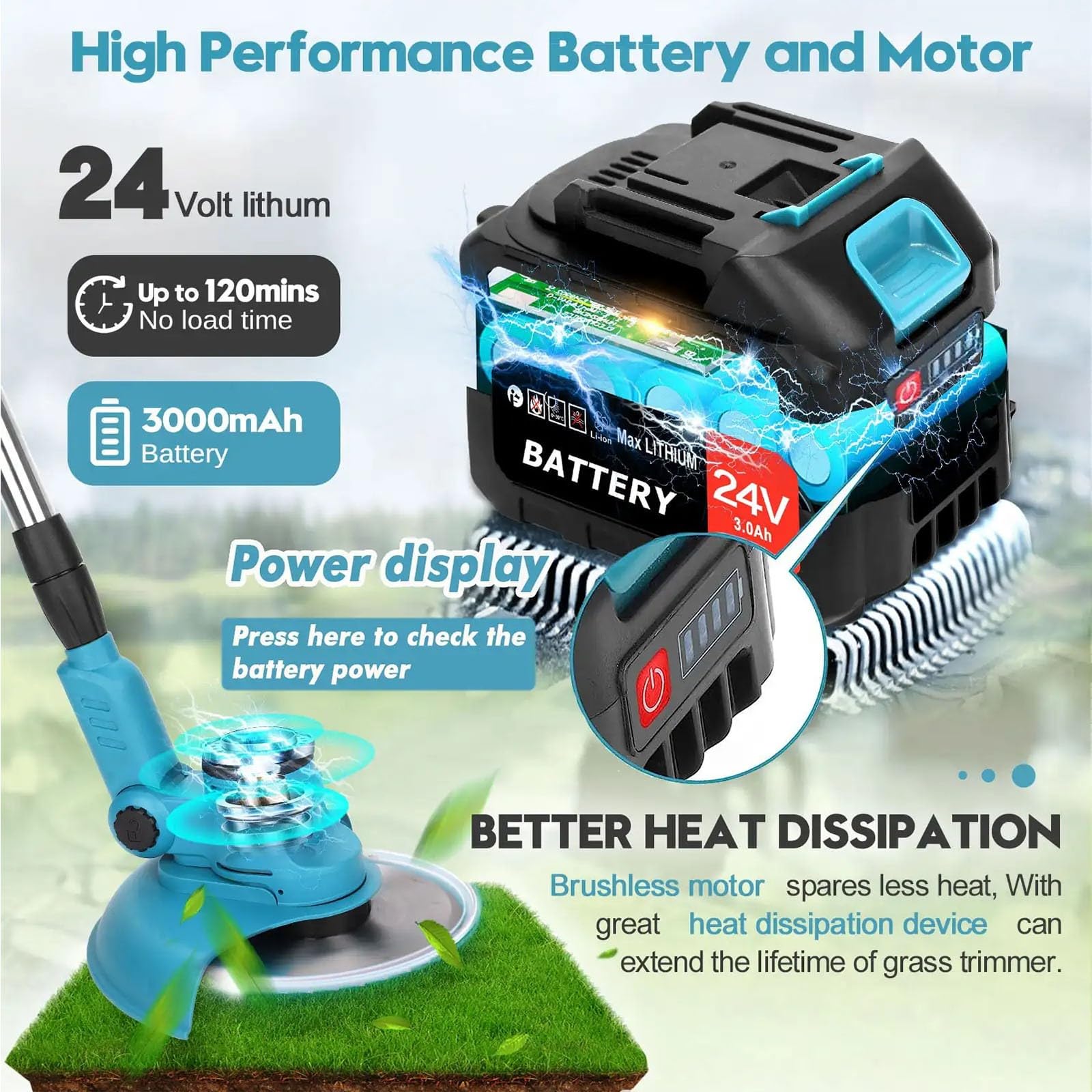 Cortacésped eléctrico de 24 V de mano, inalámbrico, cortador de césped de longitud ajustable, herramienta de jardín para el hogar (sin batería, AU) (2 baterías UK)