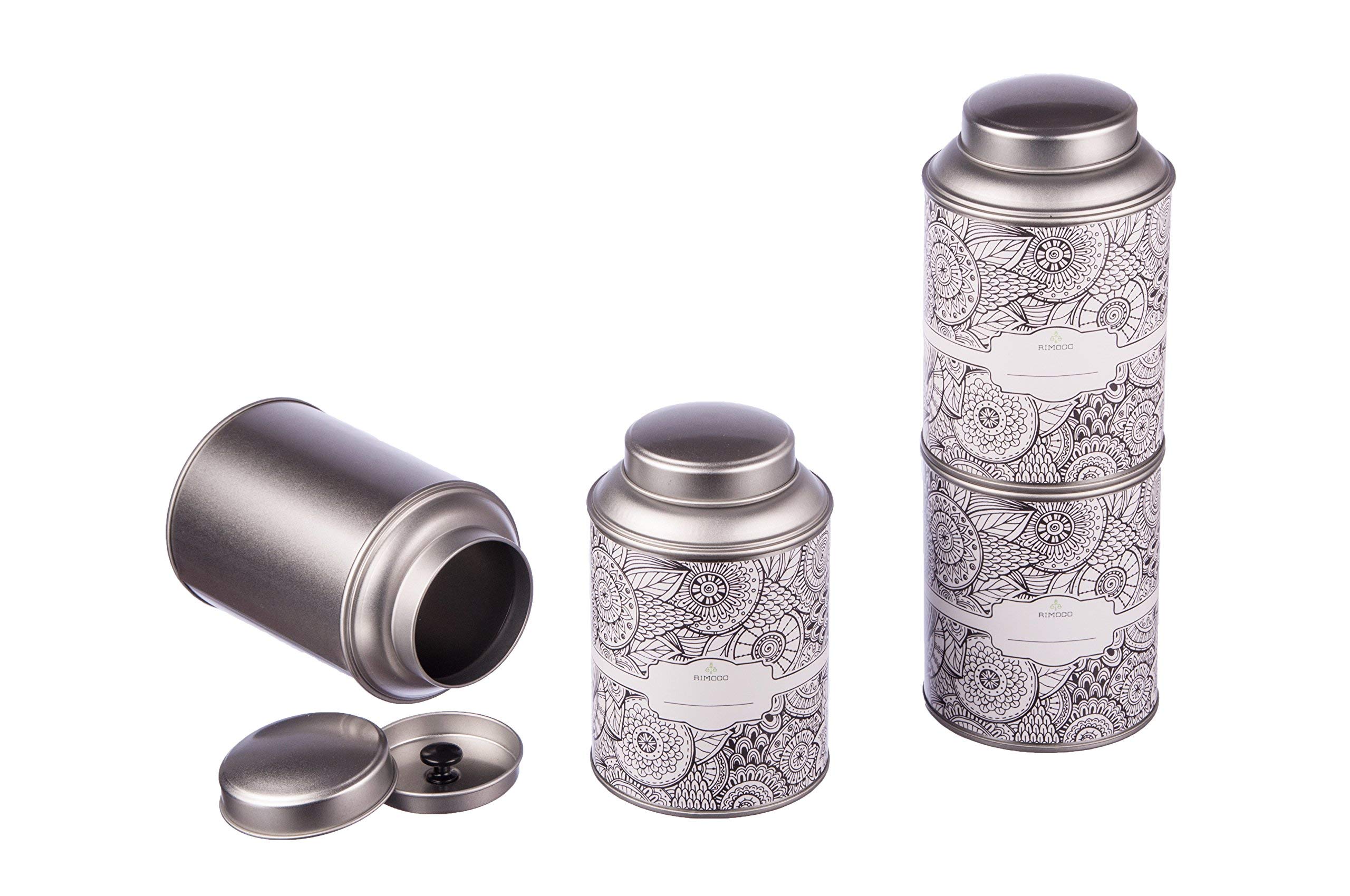 8 große Teedosen für losen Tee mit extra Aromadeckel inkl. Etiketten | stapelbar | Höhe: ca 13,9 cm, Ø 8,7 cm (für 100g - 150g Tee) | Material: Weißblech | BPA-frei und lebensmittelecht