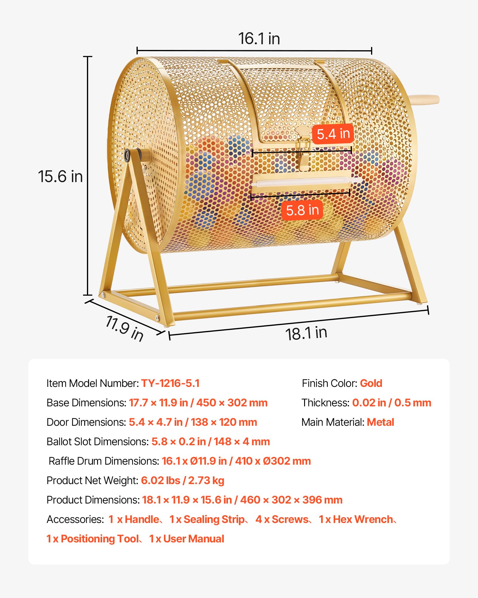 VEVOR Tamburo per Lotteria 410 x 302 mm, Ruota Girevole per Biglietti della Lotteria con Maniglia Rinforzata, Supporto Triangolare Stabile, capacità 5000 Biglietti o 200 Palline, per Eventi e Raduni