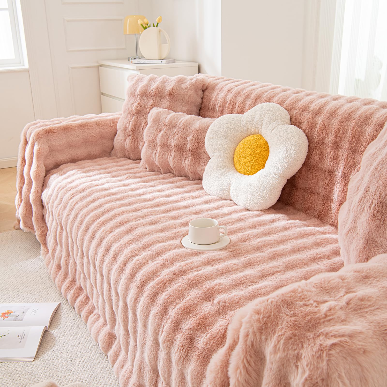 Topchances Thick Rabbit Plush Sofa Cover 3 Seater,Cosy Plush Non-Slip Sofa Covers,Soft Cozy,Fluffy Blankets for Couch and Bed Thick Furniture Protector for Kids Pets(Pink,180×260CM 1Pcs)