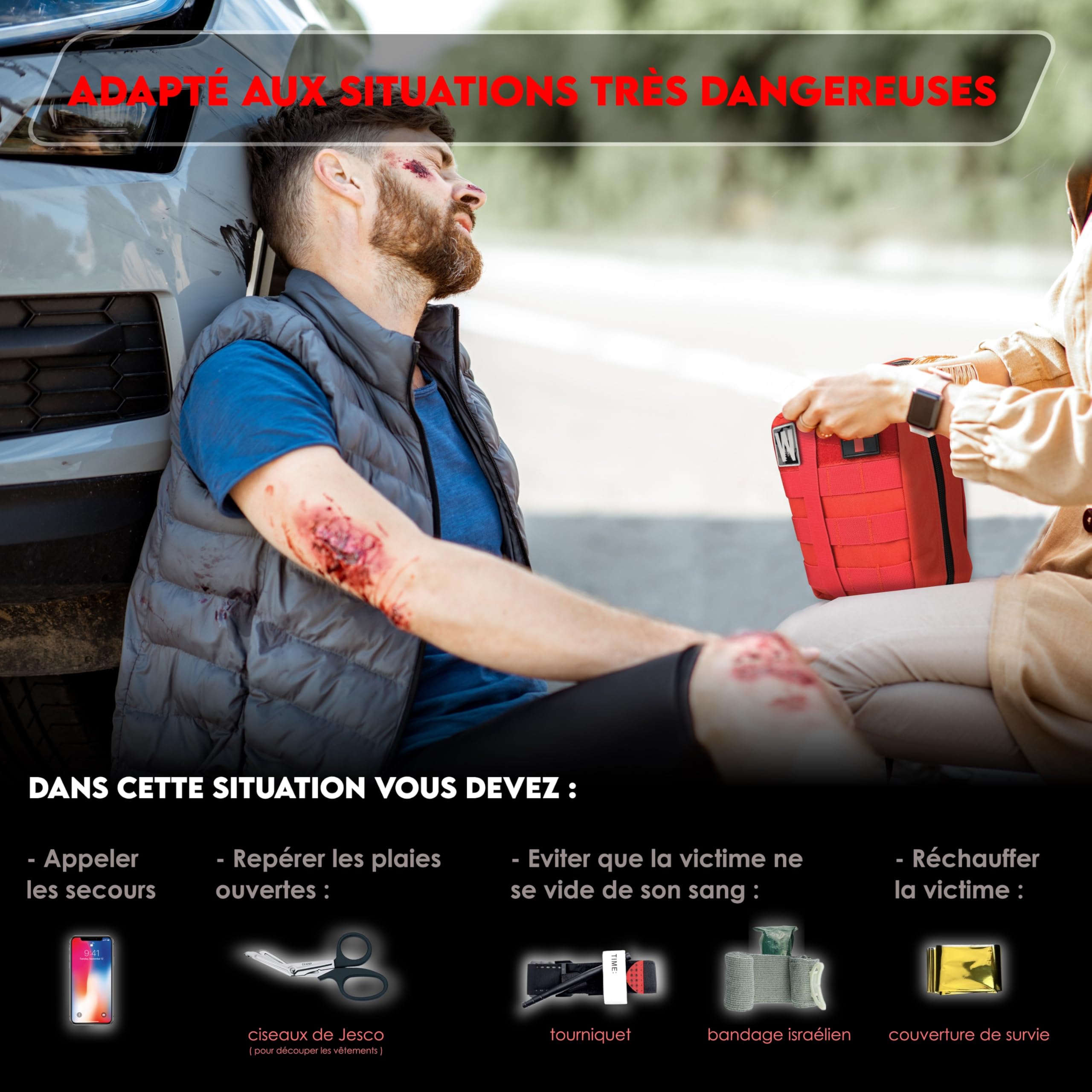 Trousse de Secours Complète Kit de Survie Militaire Randonnée Camping Voiture Couverture de Survie Garrot Tourniquet