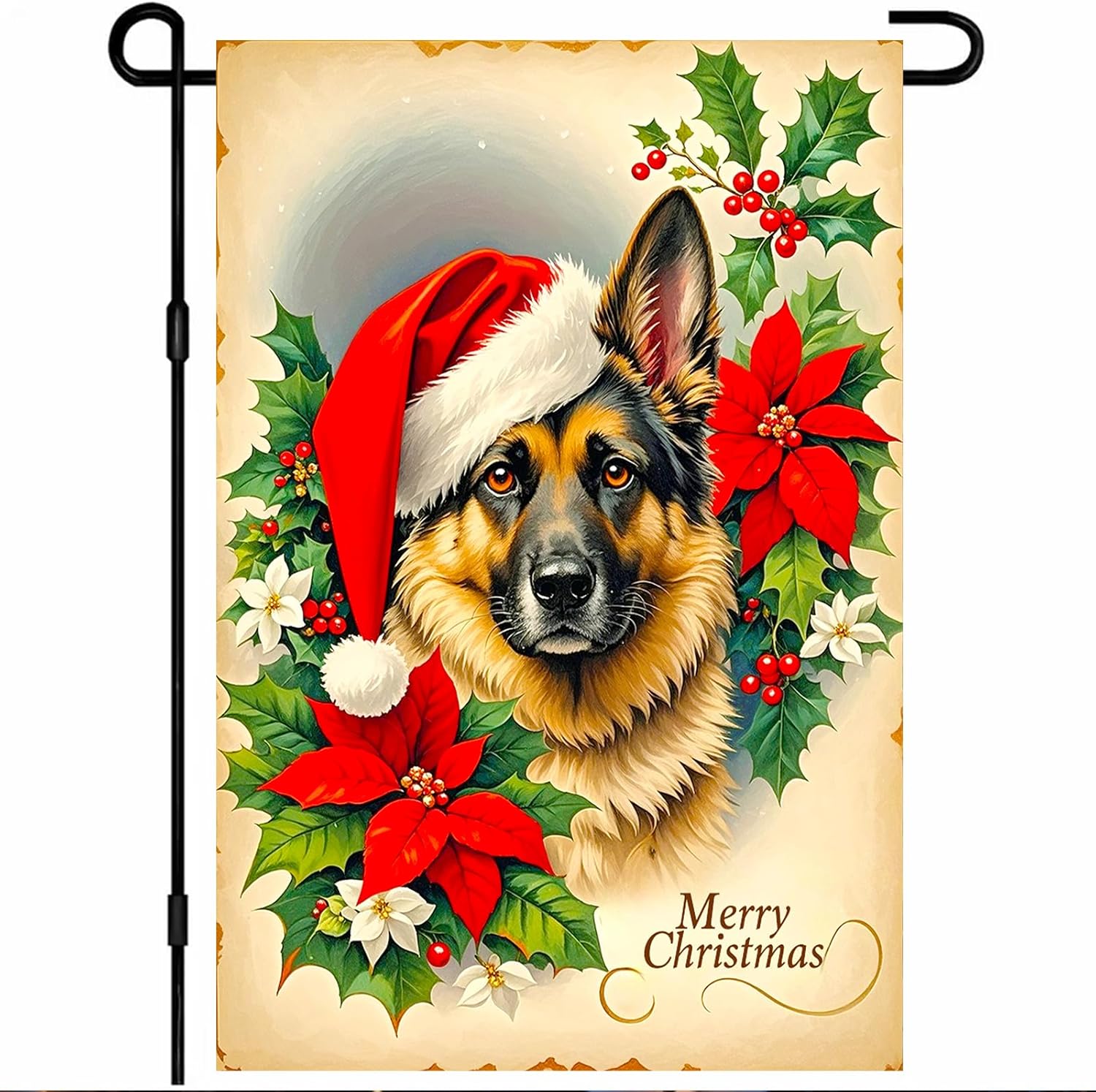 Merry Christmas Garden Flag 12x18 Inch Christmas Dog Double Sided Yard Flag Holiday with German Shepherd Santa Hat Holly Leaves and Poinsettia Design for Winter Porch Lawn Decor