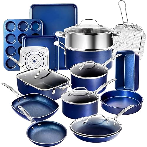 Granitestone Ceraluxe 20Pcs Ceramic Cookware Set Nonstick, Complete Pots and Pans Set Non Stick with 5 Pc Bakeware Set, Deep Frying Pan Set, & Steamer, Non Toxic PFOA Free, Oven & Dishwasher Safe