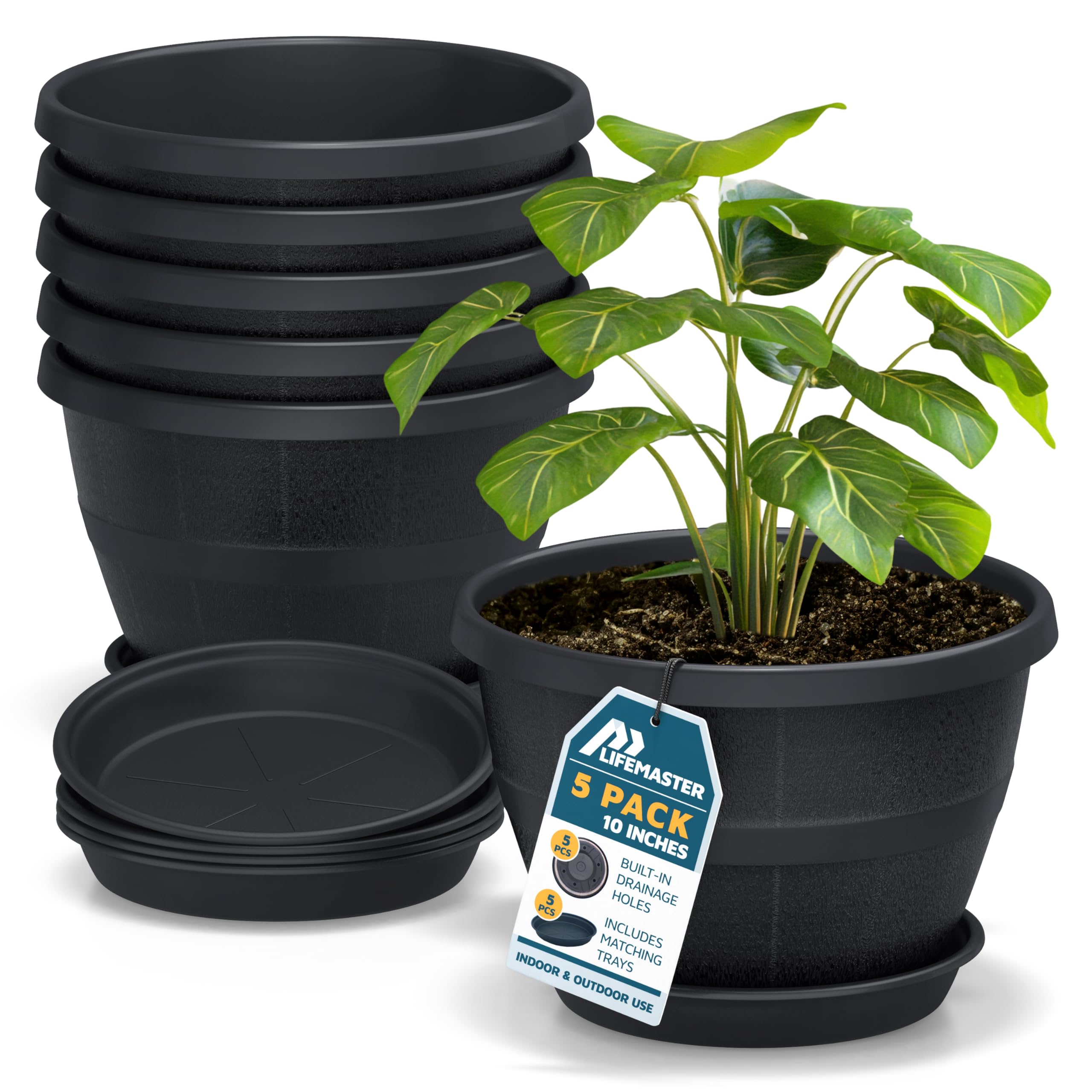 10-Inch Whiskey Barrel Planters Outdoor Pack of 3- Durable Plastic Plant Pots for Indoor & Outdoor Use with Drainage & Saucer, Lightweight Rustic Barrel Planters for Flowers, Herbs & Small Plants