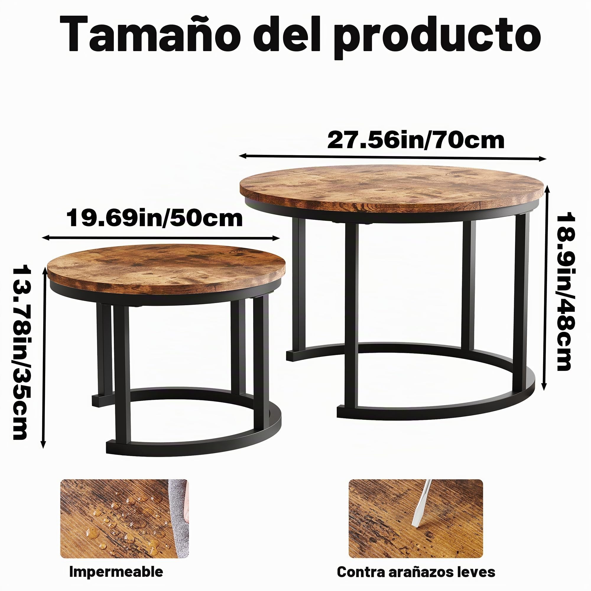 HOMERECOMMEND Juego de 2 mesas de centro redondas, color marrón rústico | Mesa de sofá moderna con estructura de metal negro,Mesa de centro de roble, mesa auxiliar nido para sala de estar