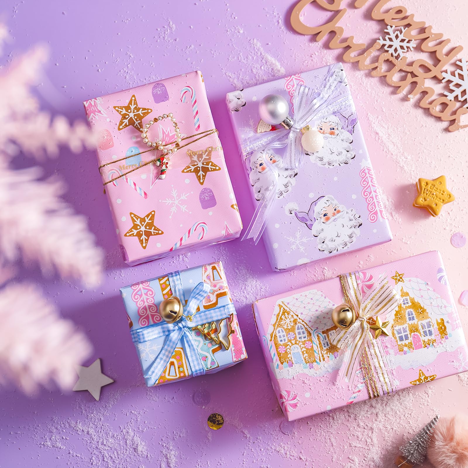 WRAPAHOLIC Weihnachts-Geschenkpapier-Set – Pastellrosa, Lila, Lebkuchenhaus und Weihnachtsmann, Geschenkpapier mit geprägtem Bündel mit Geschenkschleife & Band & Etikett & Aufkleber