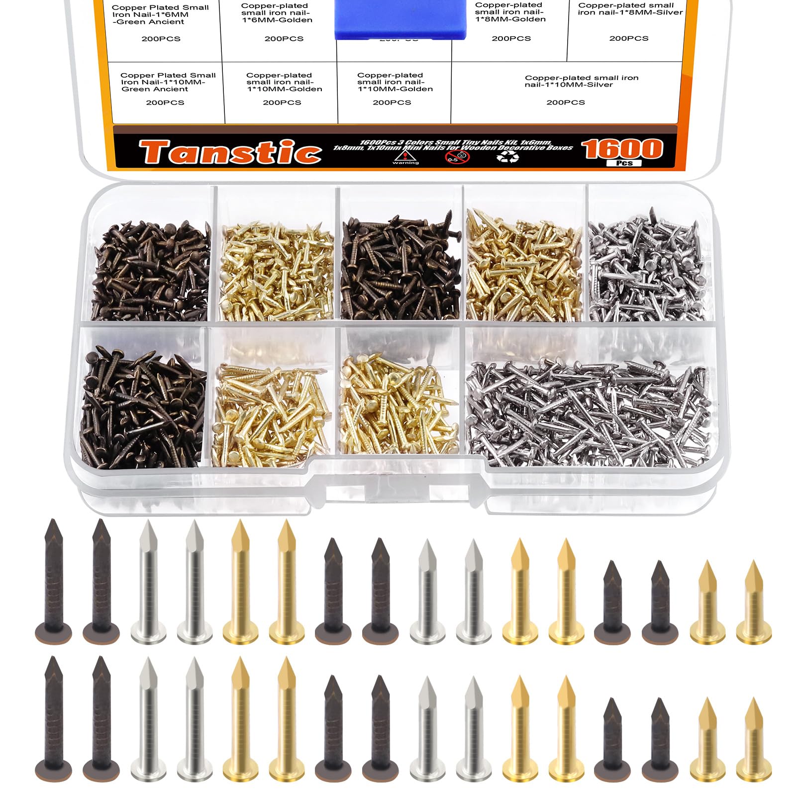 Tanstic 1600Pcs Small Tiny Nails Kit, 6mm, 8mm, 10mm Tiny Wooden Nails for Wooden DIY Decorative Pictures Mini Boxes Household Accessories (Gold/