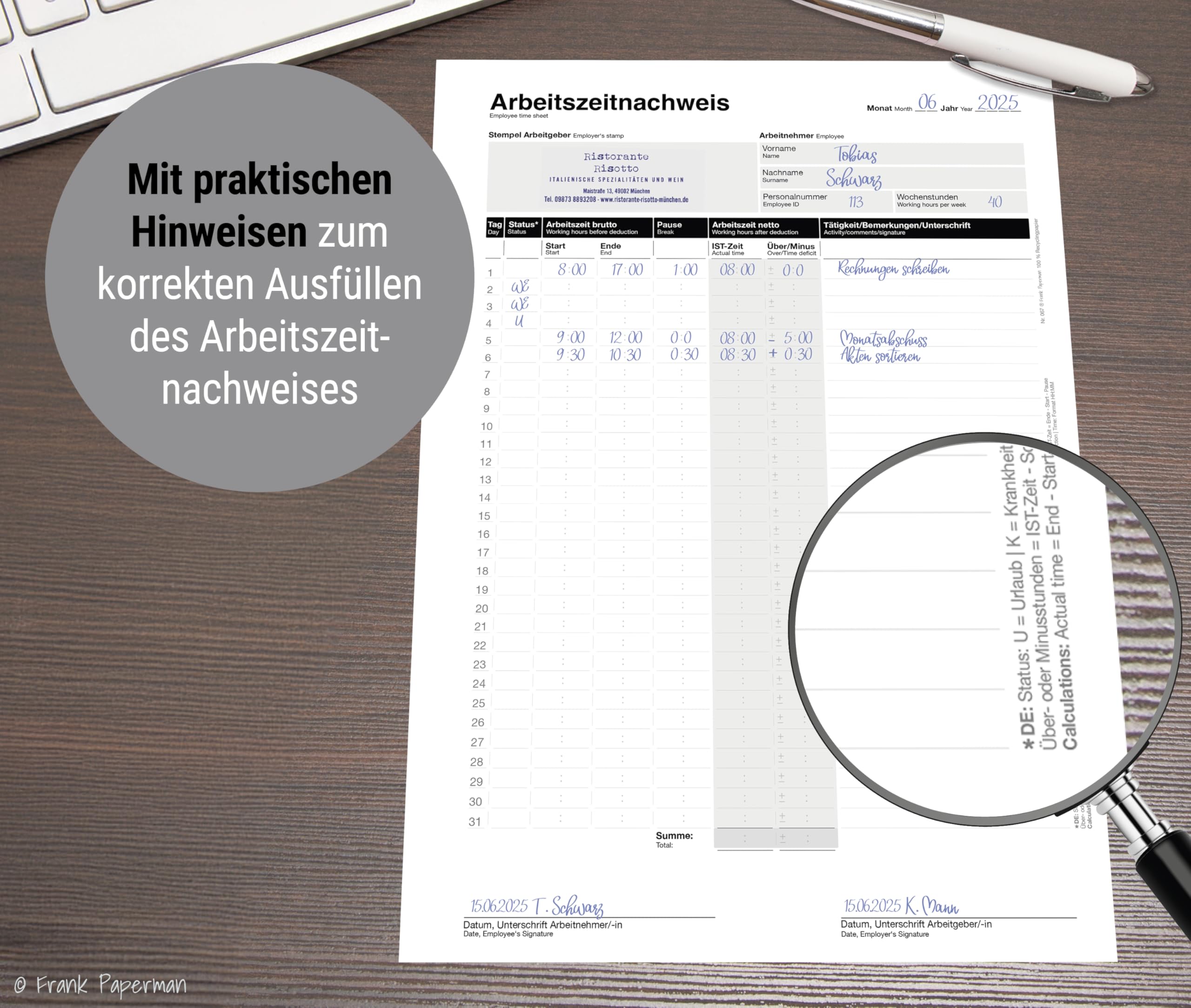 3x Set 50x Arbeitszeitnachweis Block + 4x Jahresübersichten, Arbeitszeiterfassung für Kleinbetriebe – Stundenbuch für Arbeit A4, Rechtssichere Dokumentation DE&EN vorgelocht