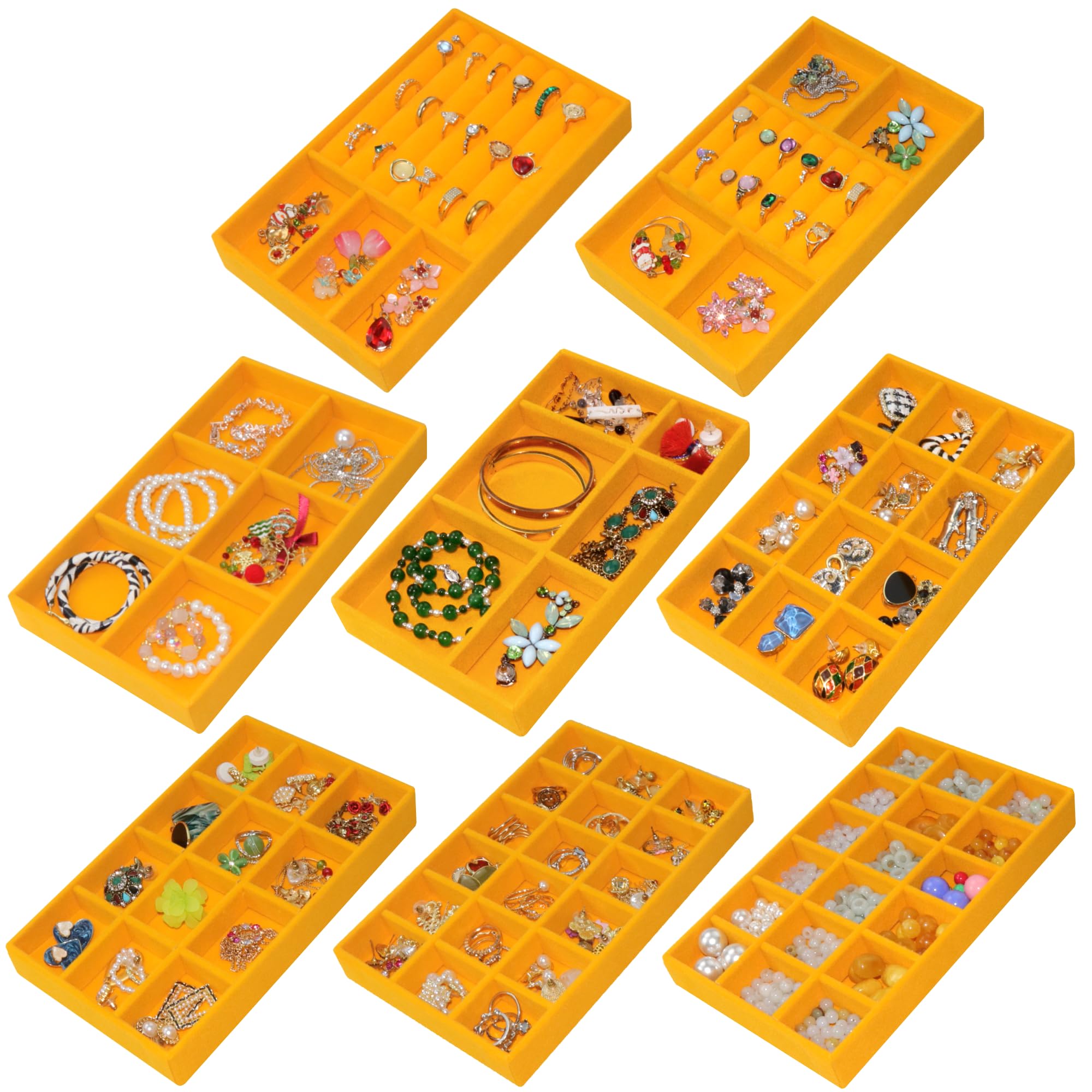 Set of 8 Stackable Velvet Jewelry Trays Organizer Jewelry Display Storage Box Dresser Drawer Organizer for Earring Necklace Bracelet Ring Accessary