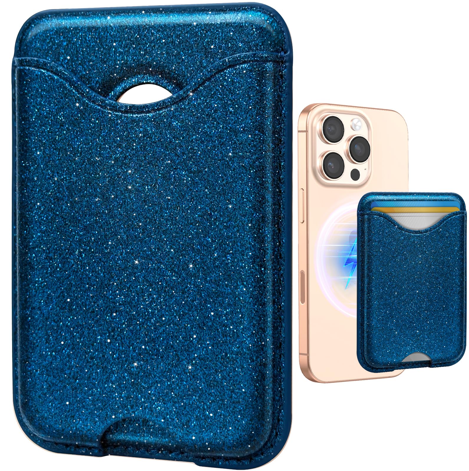 Shorogyt Compatible with Magsafe Wallet Magnetic Card Holder - Glitter Blue Phone Wallets for Women Teen Girls Fashion for iPhone 16/15/14/13/12 Series Slim for Apple Mag RFID Magnet, Fit 3 Cards-image-13