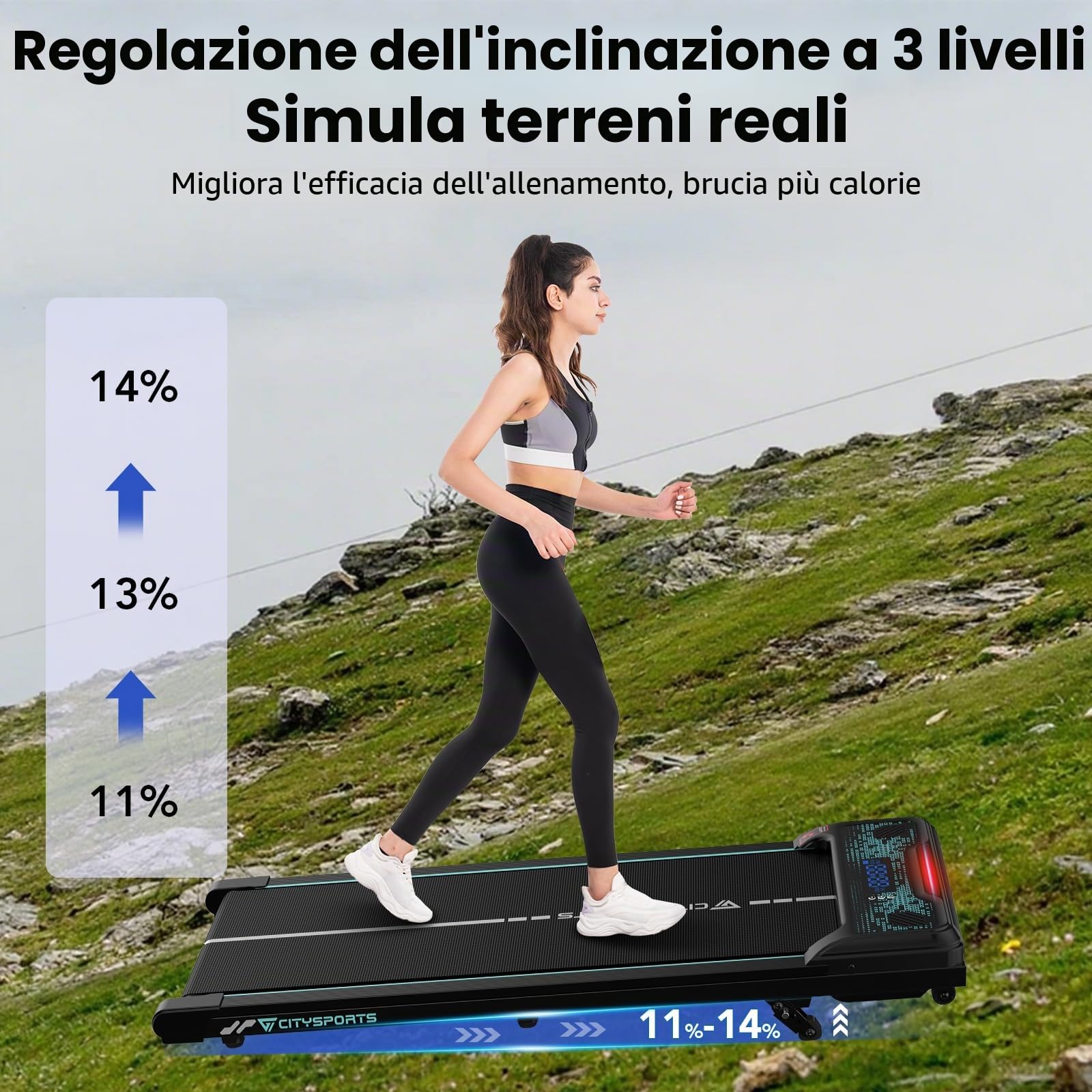 CITYSPORTS Tapis Roulant électrique 11 %–14 % inclinable – Tapis de Course compact avec LED & éclairage d’ambiance, 1–6 km/h, silencieux, télécommande, idéal maison et bureau