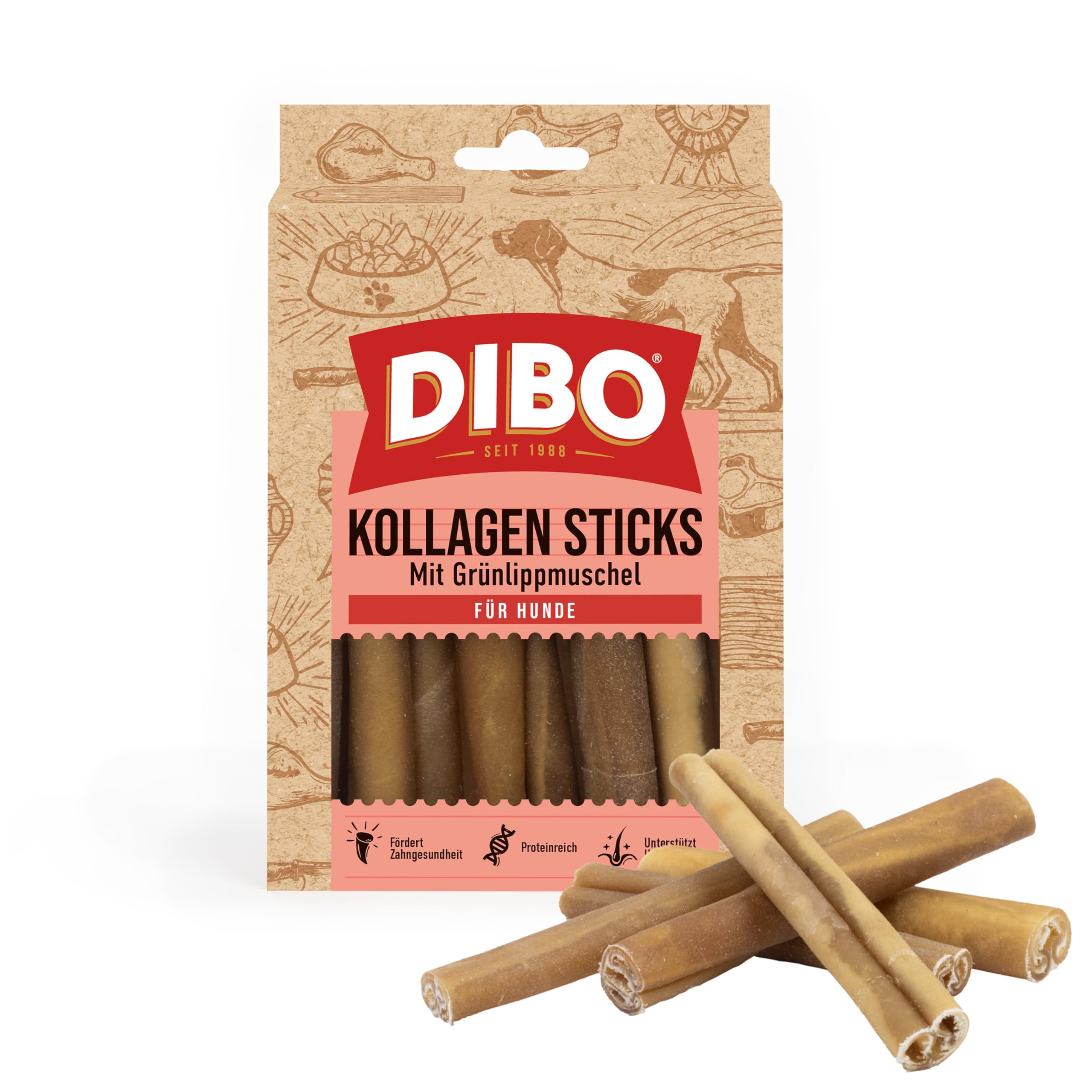 DIBO Kollagen Sticks mit Grünlippmuschel, 150g Packung - Gelenkgesundheit, Haut-, Fell- und Zahnpflege für Hunde, langlebiger Naturkausnack, 100% natürliche Zutaten, Kollagen aus Rinderhaut