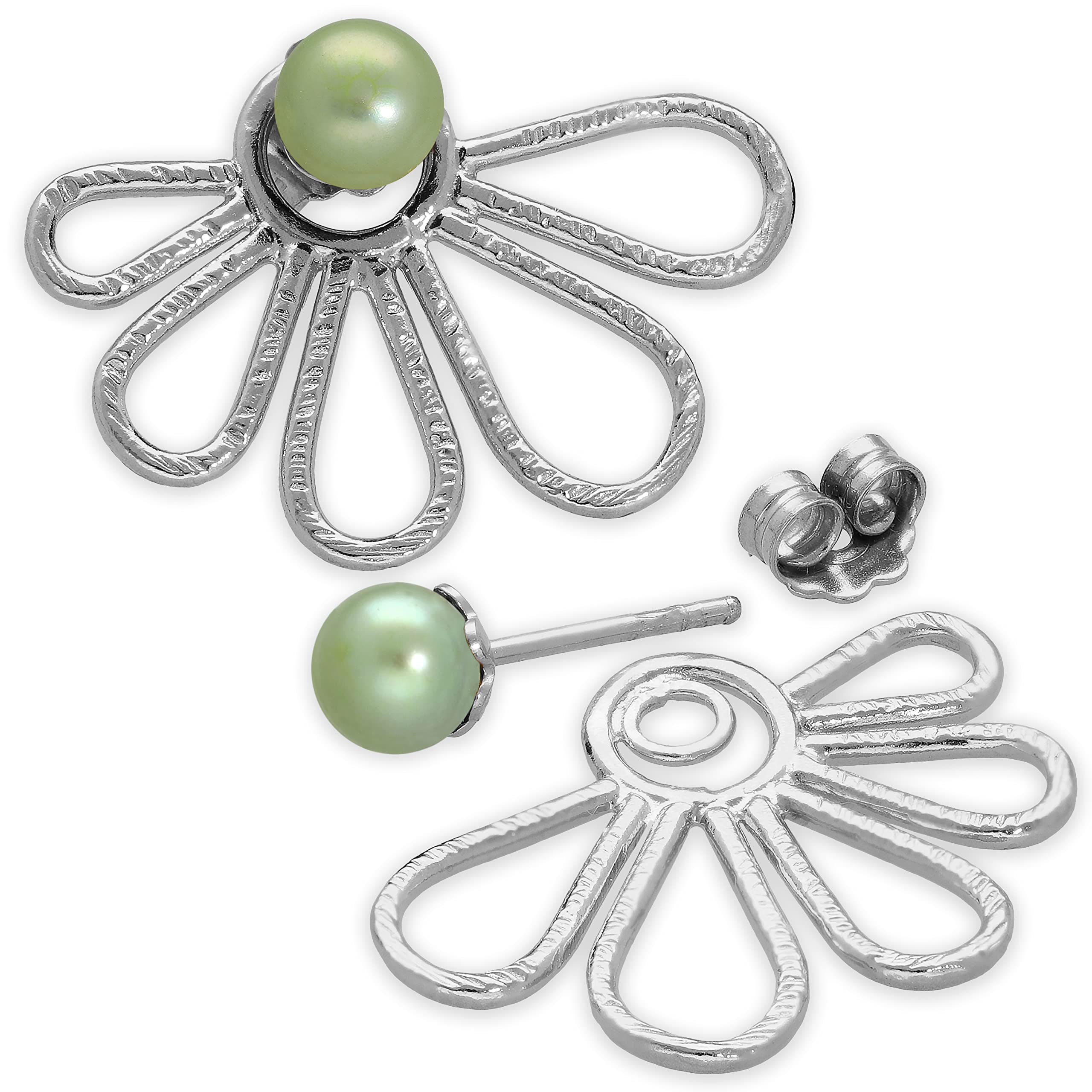 Kolczyki Ear-Jacket kwiaty ze srebra próby 925 z czarnymi perłami – wygląd 2 w 1 przód-tył – niklowane i hipoalergiczne – handmade by Emmanuela