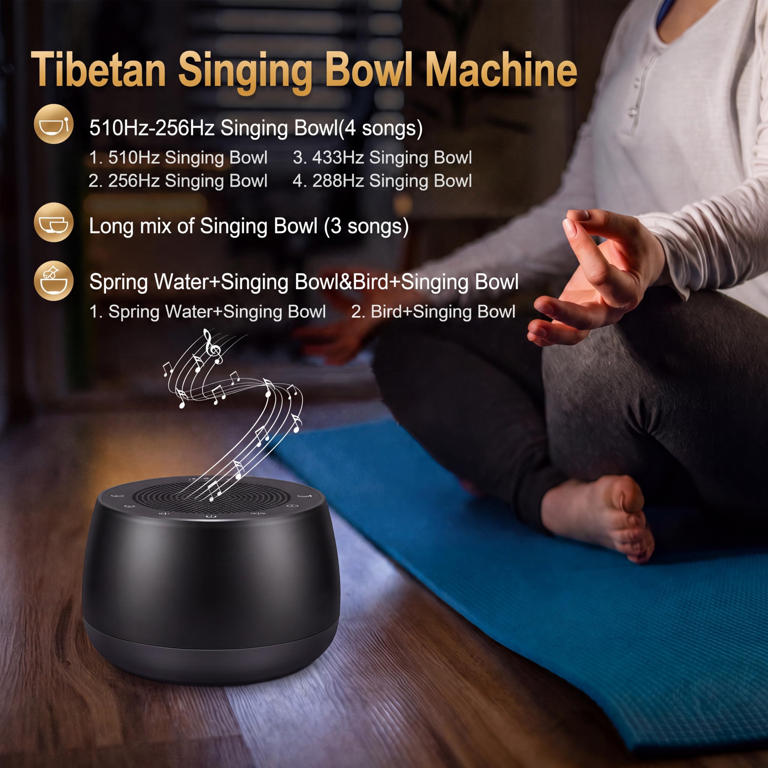 Bol Chantant Tibétain Électronique, Machine à Sons Sans Fil avec Minuterie, Accessoires Méditation pour Yoga & Sommeil, Appareil de Sonothérapie Portable pour Maison & Studio (Noir)