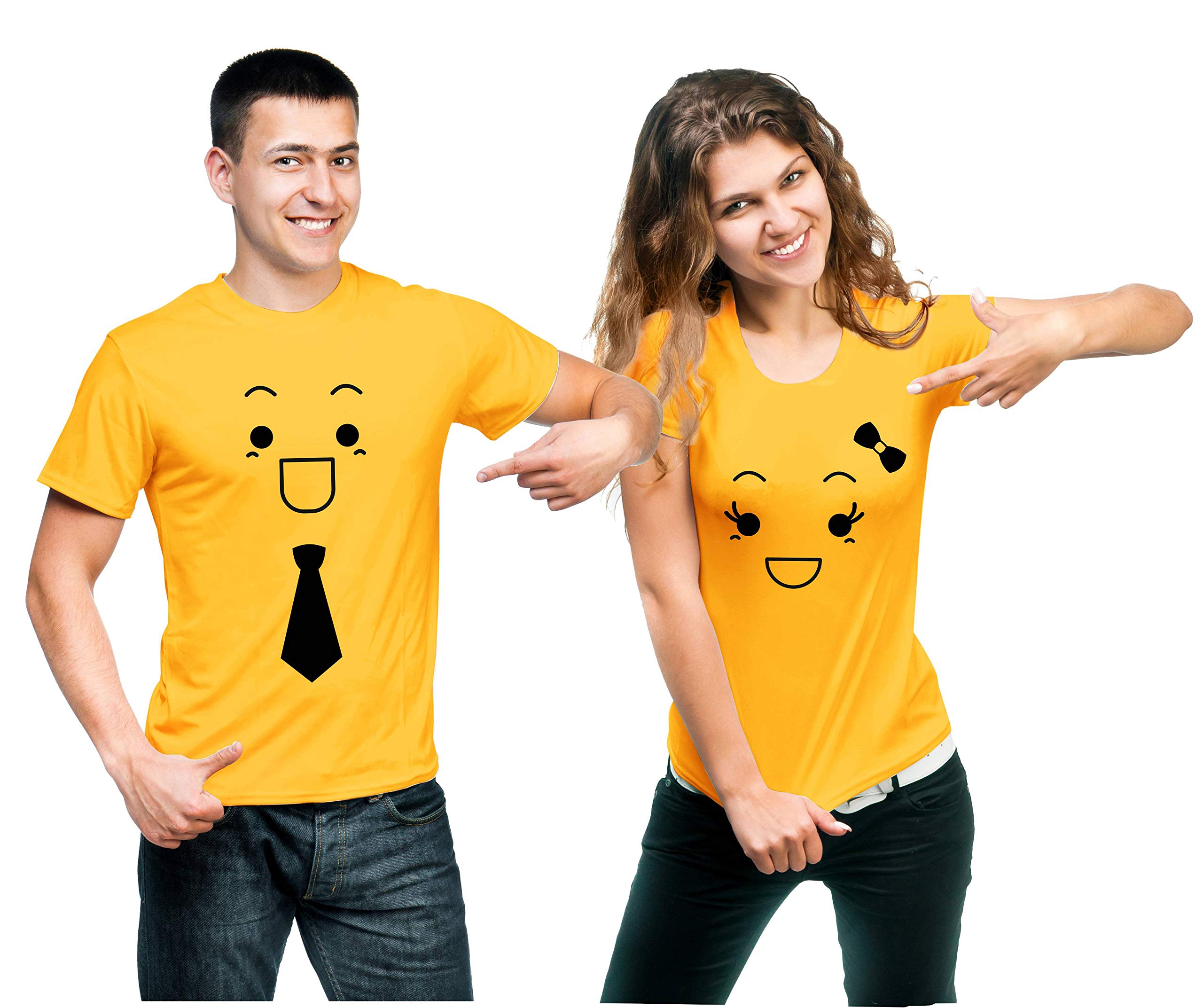 Hangout HubCouple Men's & Women's Cotton Printed Regular Fit T-Shirts (Pack of 2) - Smiling Face Emoji Tie and Bow | Love