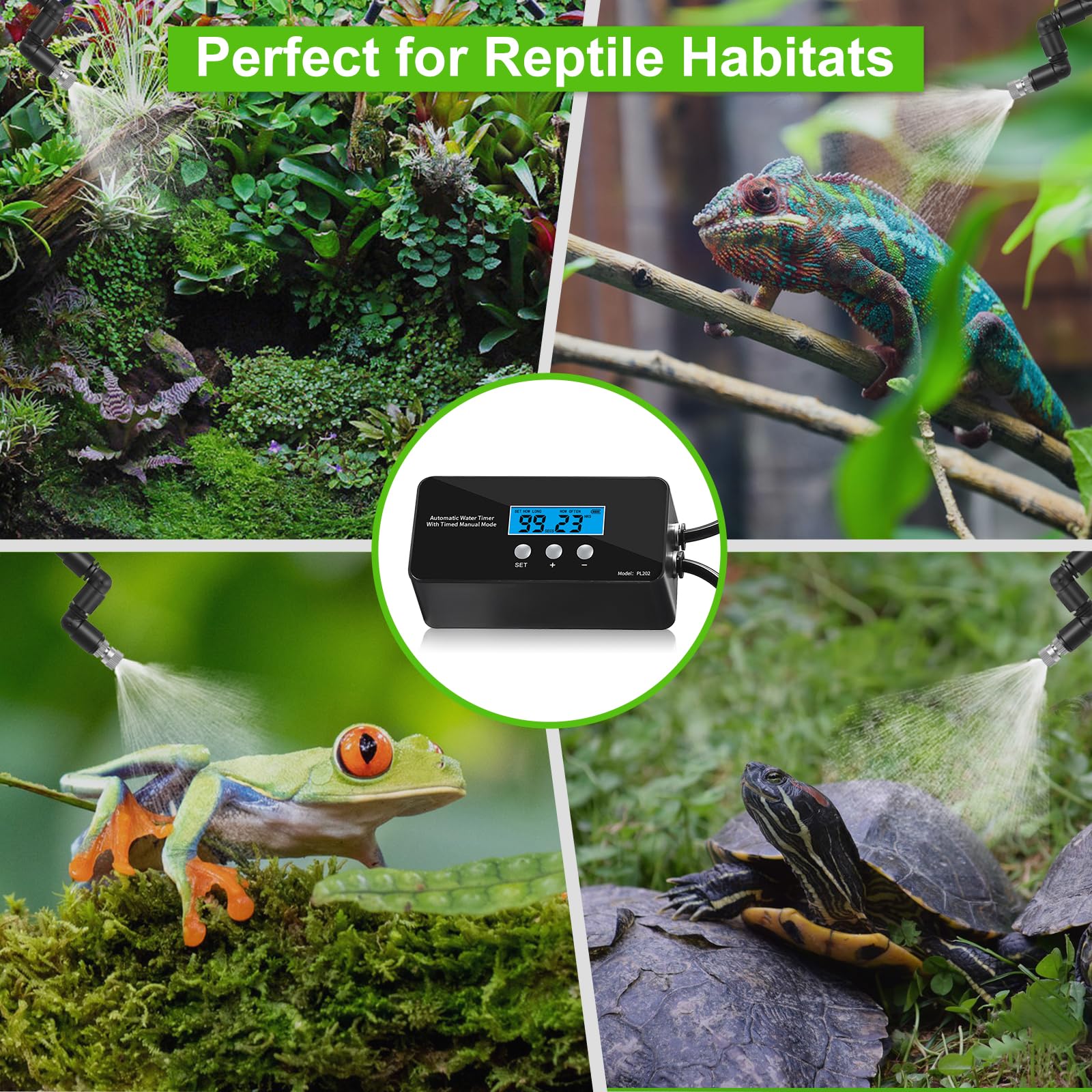 Sistema di nebulizzazione per rettili, nebulizzatore automatico con timer con controller LCD, pompa autoadescante, spray per foresta pluviale fine per terrario, camaleonte, geco e serpente